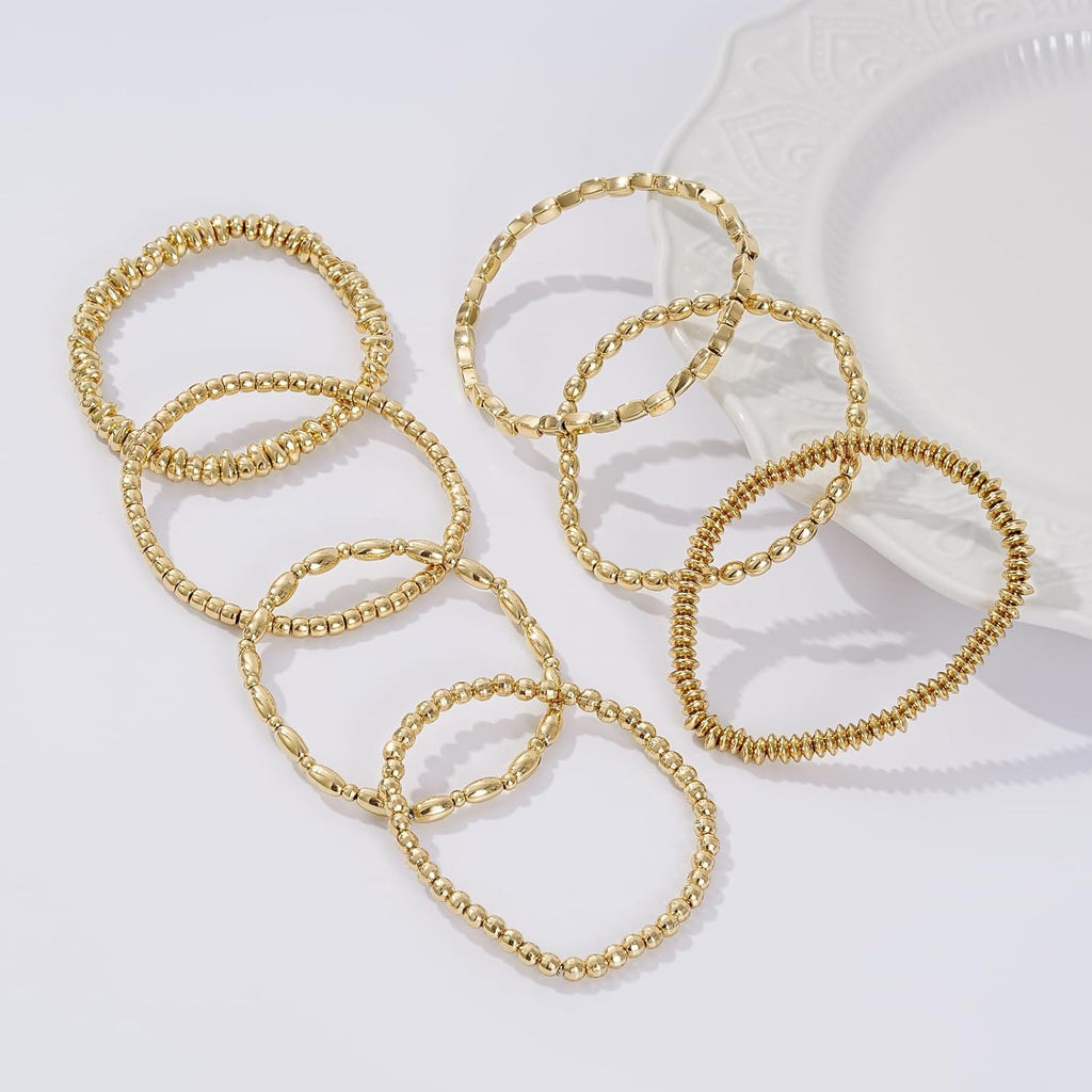 Gold Beaded Bracelets for Women Trendy, 14K Gold Plated Stack Cross Pearl Gold Bead Stretch Bracelets Set Elastic Hypoallergenic Bracelets Jewelry Gifts