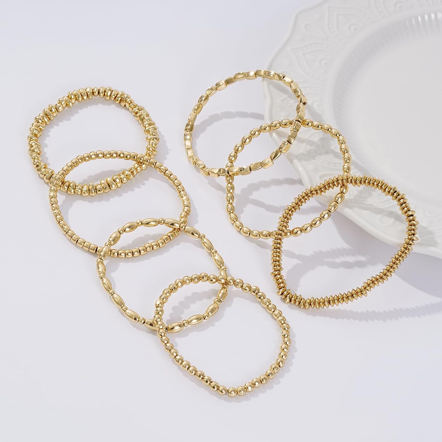 Gold Beaded Bracelets for Women Trendy, 14K Gold Plated Stack Cross Pearl Gold Bead Stretch Bracelets Set Elastic Hypoallergenic Bracelets Jewelry Gifts
