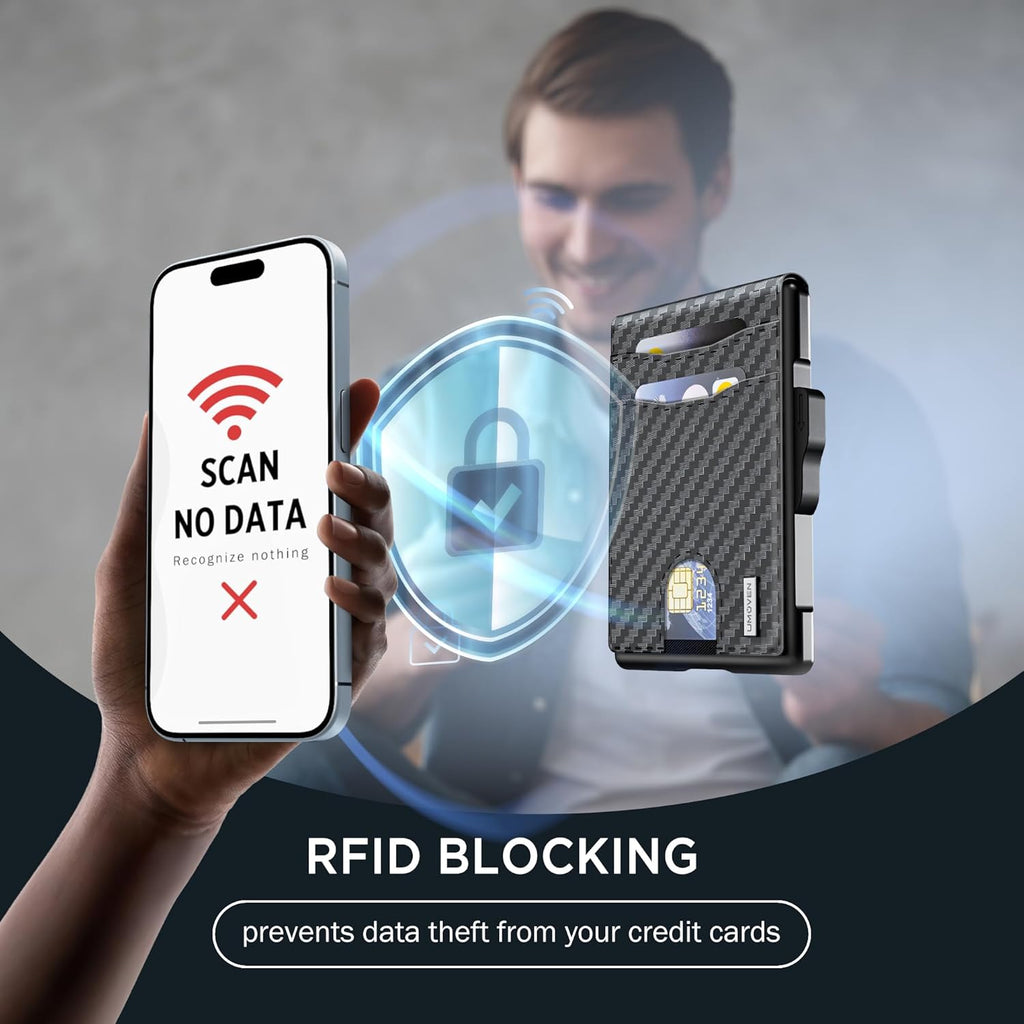 Wallet for Men - Pop Up Case, Cash Slot, and Credit Card Slot - Slim Aluminum Wallet with RFID Blocking, Minimalist Leather Wallet Front Pocket with ID Window (Carbon Fiber)