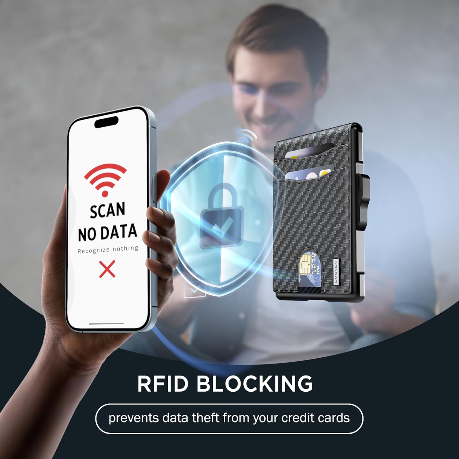 Wallet for Men - Pop Up Case, Cash Slot, and Credit Card Slot - Slim Aluminum Wallet with RFID Blocking, Minimalist Leather Wallet Front Pocket with ID Window (Carbon Fiber)