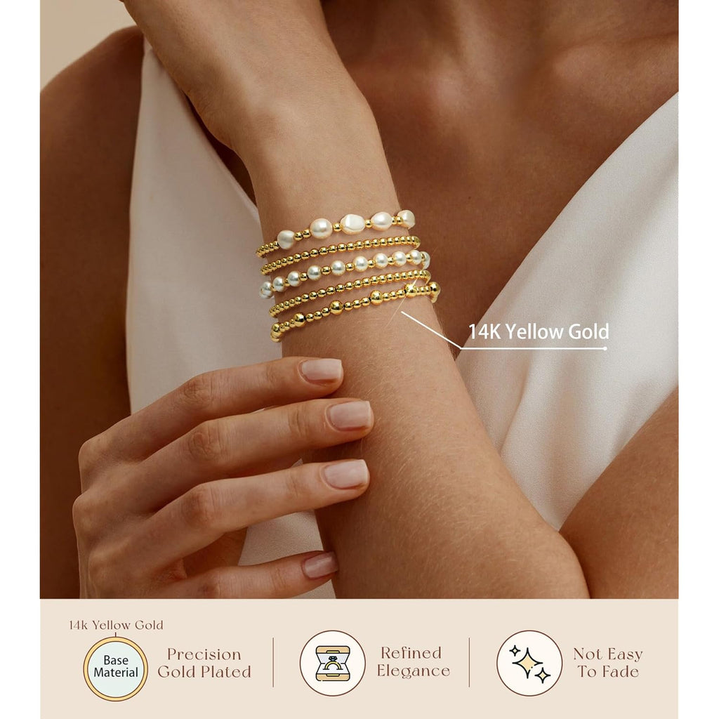 adoyi Gold Bracelets for Women Beaded Bracelet 14K Gold Plated Bracelet Stack Strand Stretch Bead Ball Bracelet Set Stackable Bracelet Adjustable Bracelet Set Jewelry for Gifts
