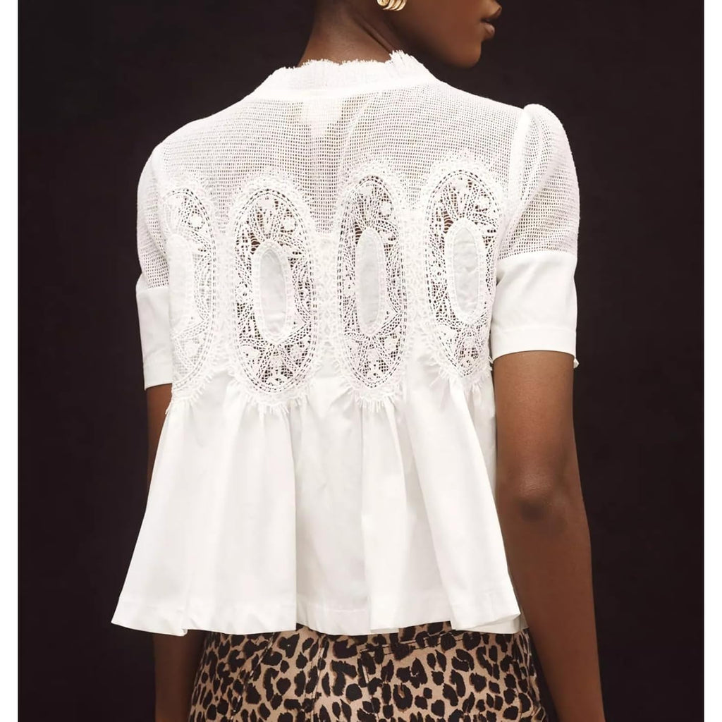 VAOYIU Women Lace-Detail Flared Blouse Short-Sleeve Crew Neck Lace Poplin Mesh Swing Top Elegant Loose Intricate Back Design