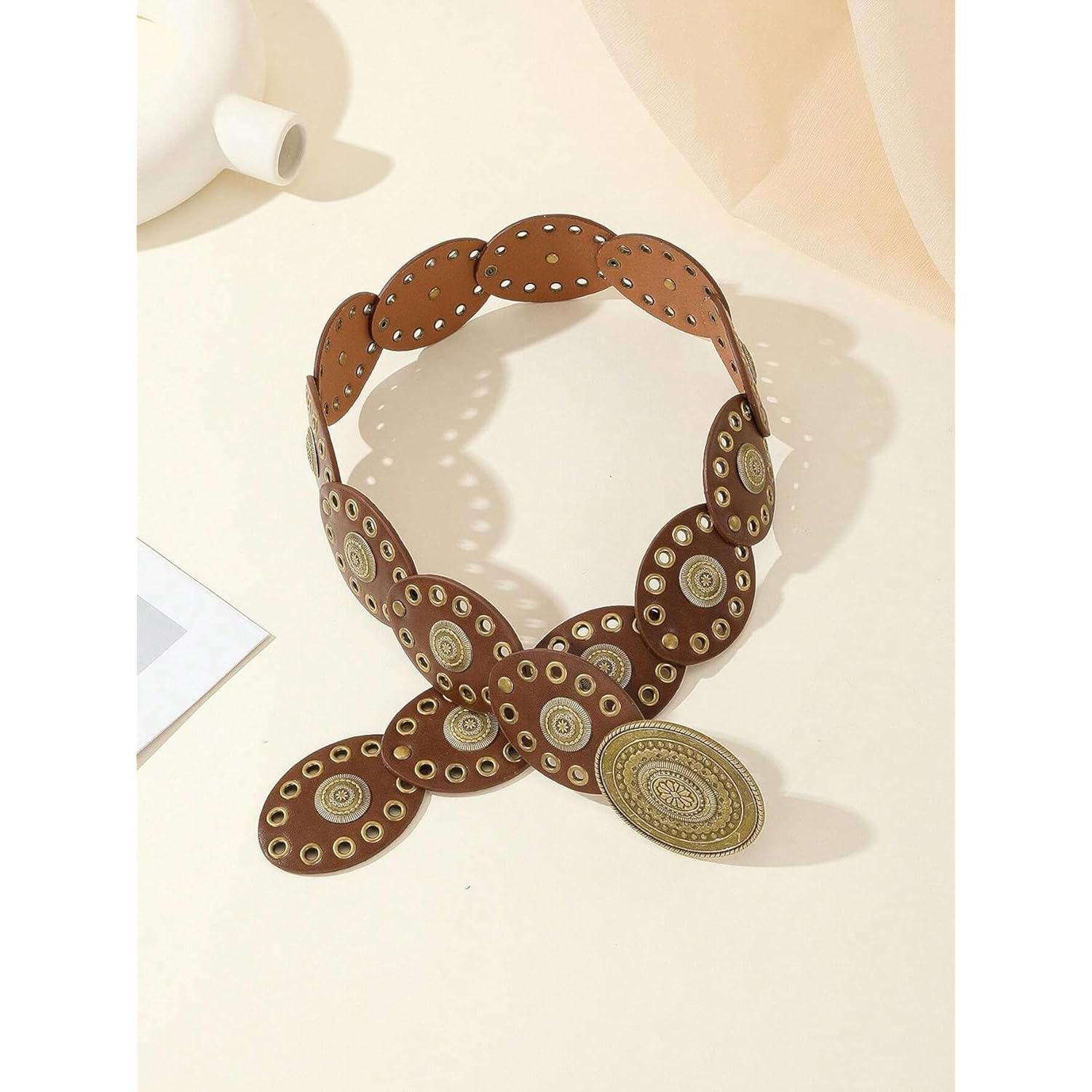 INOGIH Womens Wide Western Cowboy Disc Belt Vintage Cowgirl Concho Leather Belts Boho Style for Jeans Dress Skirt