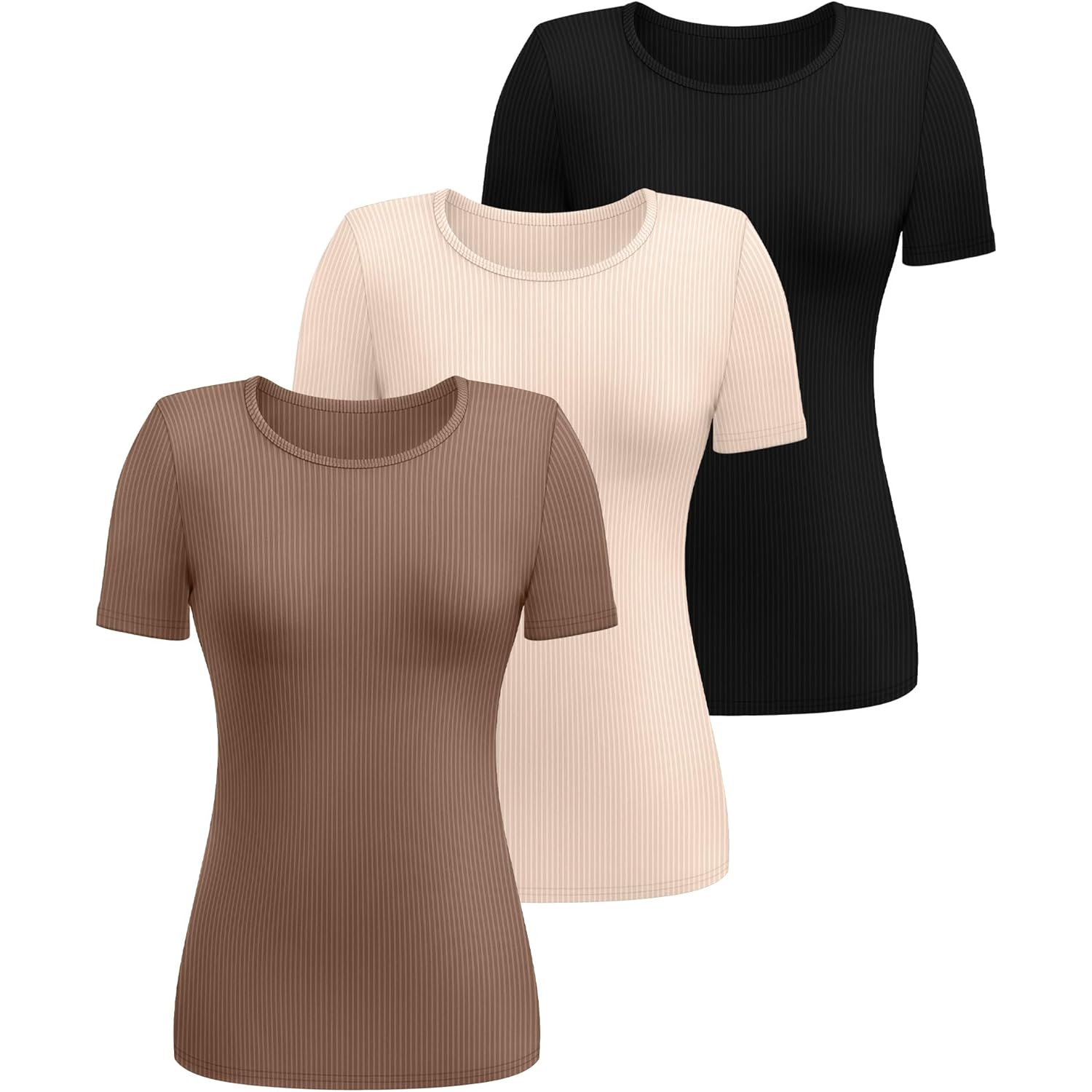 Ficerd 3 Pack Women's Ribbed T-Shirts, Cotton Short Sleeve Basic Tees Crewneck Fitted Tops Casual Shirts 2025 Summer Trendy