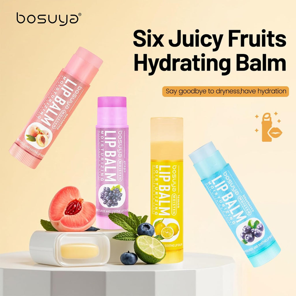 12 Pack Lip Balm Set Fruit Flavored 6Flavors Natural Lip Balm Bulk for Dry Cracked Lips Long Lasting Lip Care Products Anti Chapping Lip Moisturizers Travel Size Winter Anti-Crack Fruity