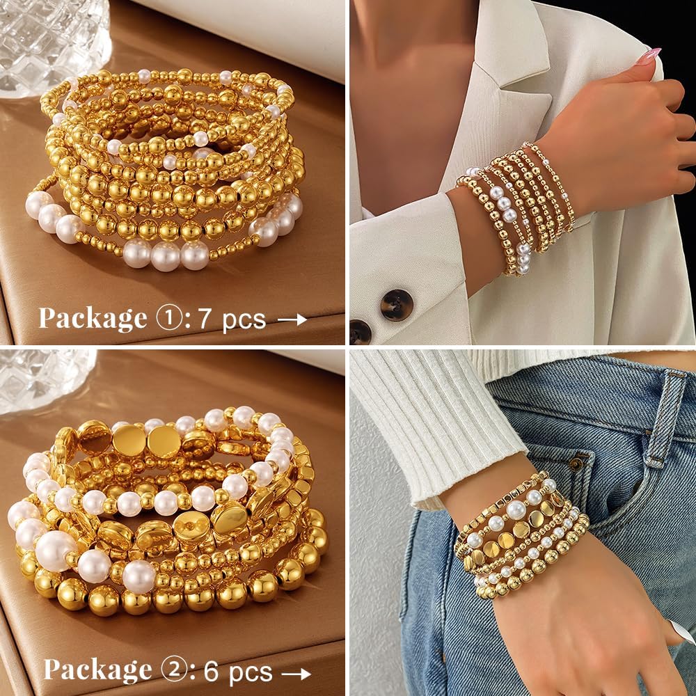 KISS WIFE Gold Bracelets for Women Gold Bracelet Stack Pearl Beaded Bracelets for Women Strand Bead Ball Stretchable Elastic Bracelet Set Adjustable Fashion Accessories Jewelry for Gifts (Beads and Pearls)