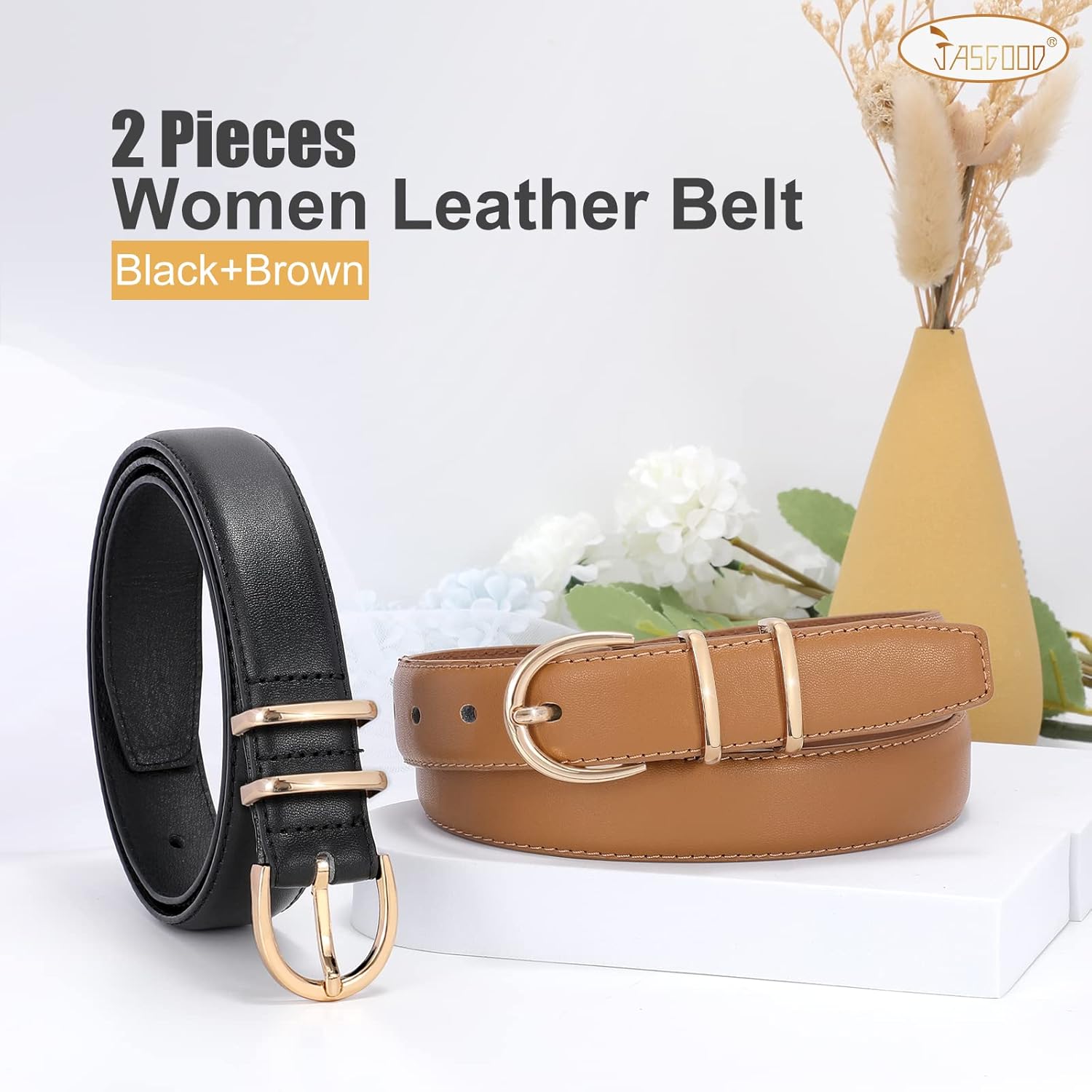JASGOOD 2 Pack Women Leather Belt for Jeans Ladies Belts for Dresses Pants Plus Size Work Belt with Gold Buckle