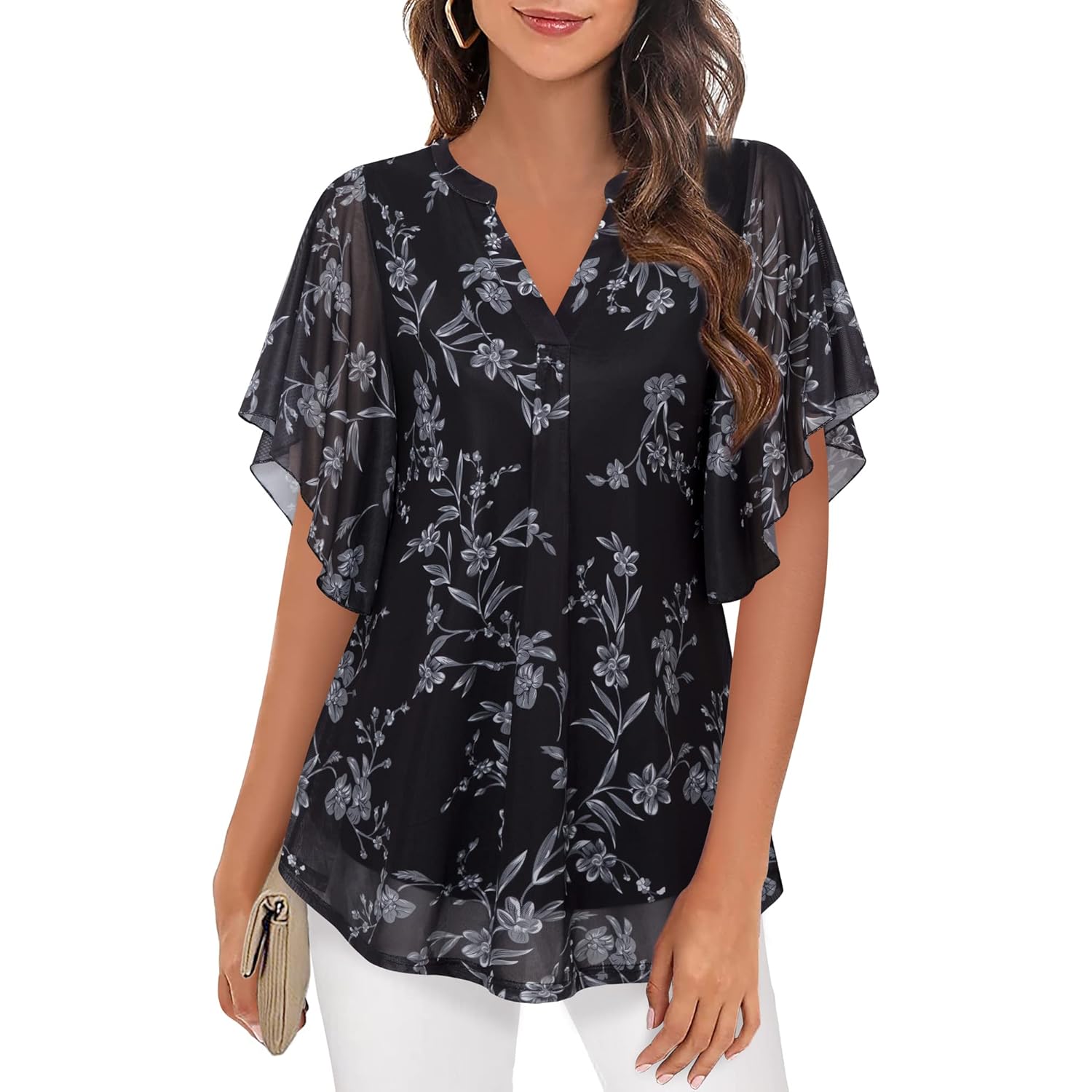 Timeson Women's Short Sleeve V Neck Blouses Shirts Floral Double Layers Mesh Tunics Tops