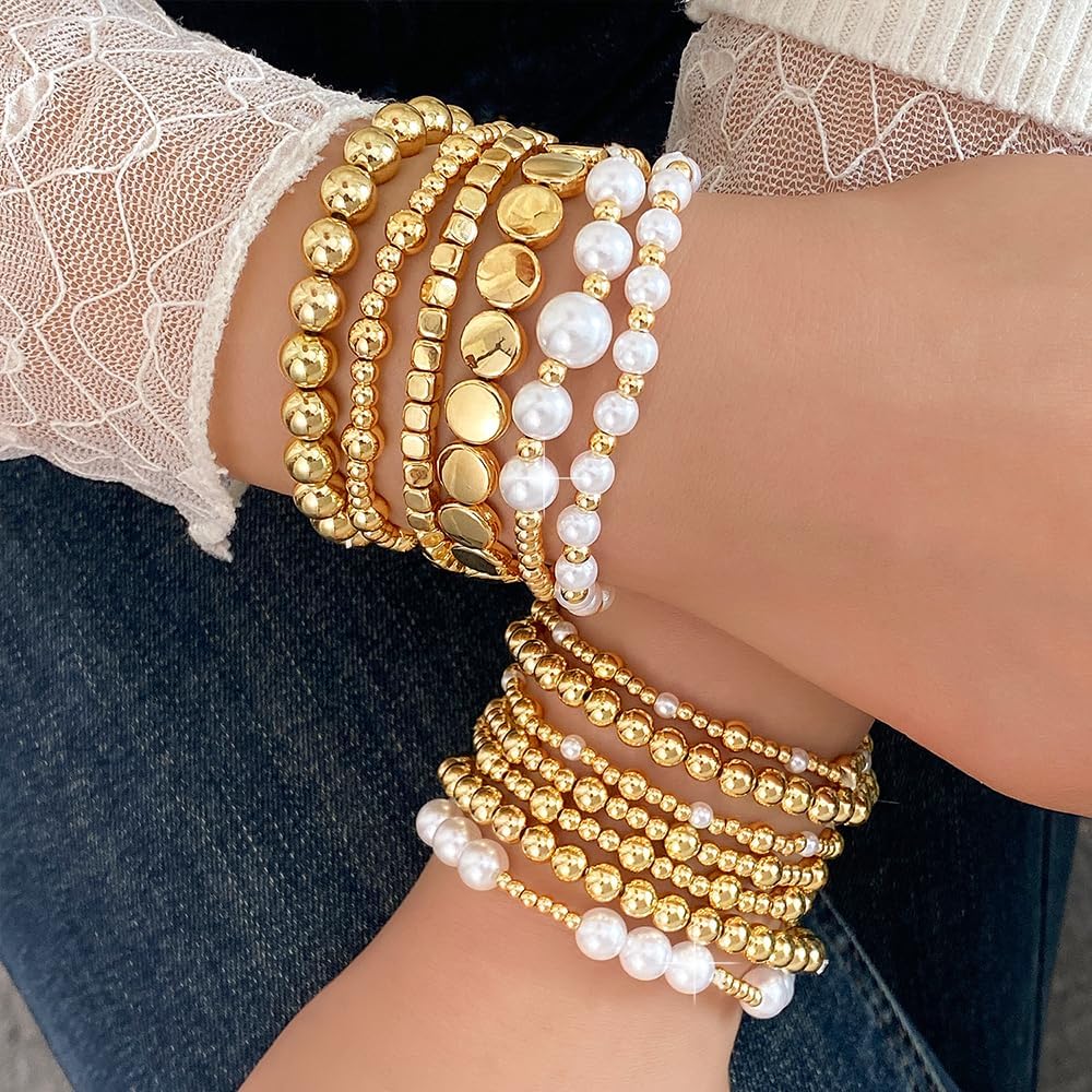 KISS WIFE Gold Bracelets for Women Gold Bracelet Stack Pearl Beaded Bracelets for Women Strand Bead Ball Stretchable Elastic Bracelet Set Adjustable Fashion Accessories Jewelry for Gifts (Beads and Pearls)