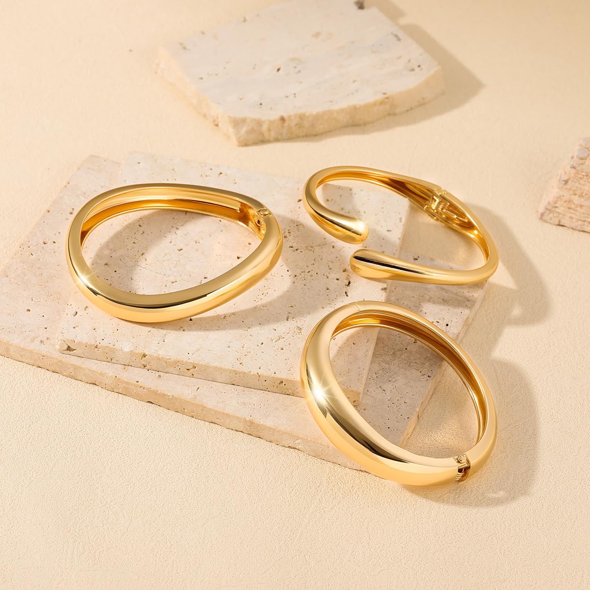 Chunky Gold Bangles for Women, 14k Gold Plated Twisted Hinged Stackable Bangle Bracelet Set, Trendy Cuff Bracelet Stack Fashion Jewelry Gifts