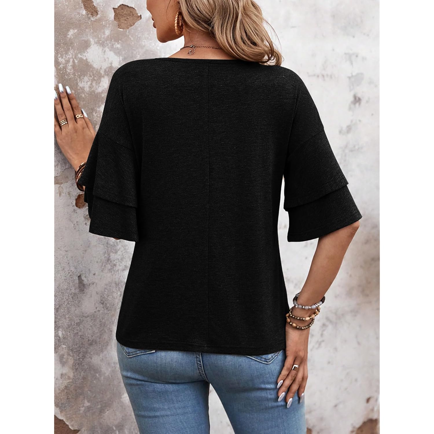 Womens Blouses Ruffle Sleeve T Shirts V Neck Double Tiered Bell Sleeve Top Spring Fall Summer Fashion Clothes Cute Tunic