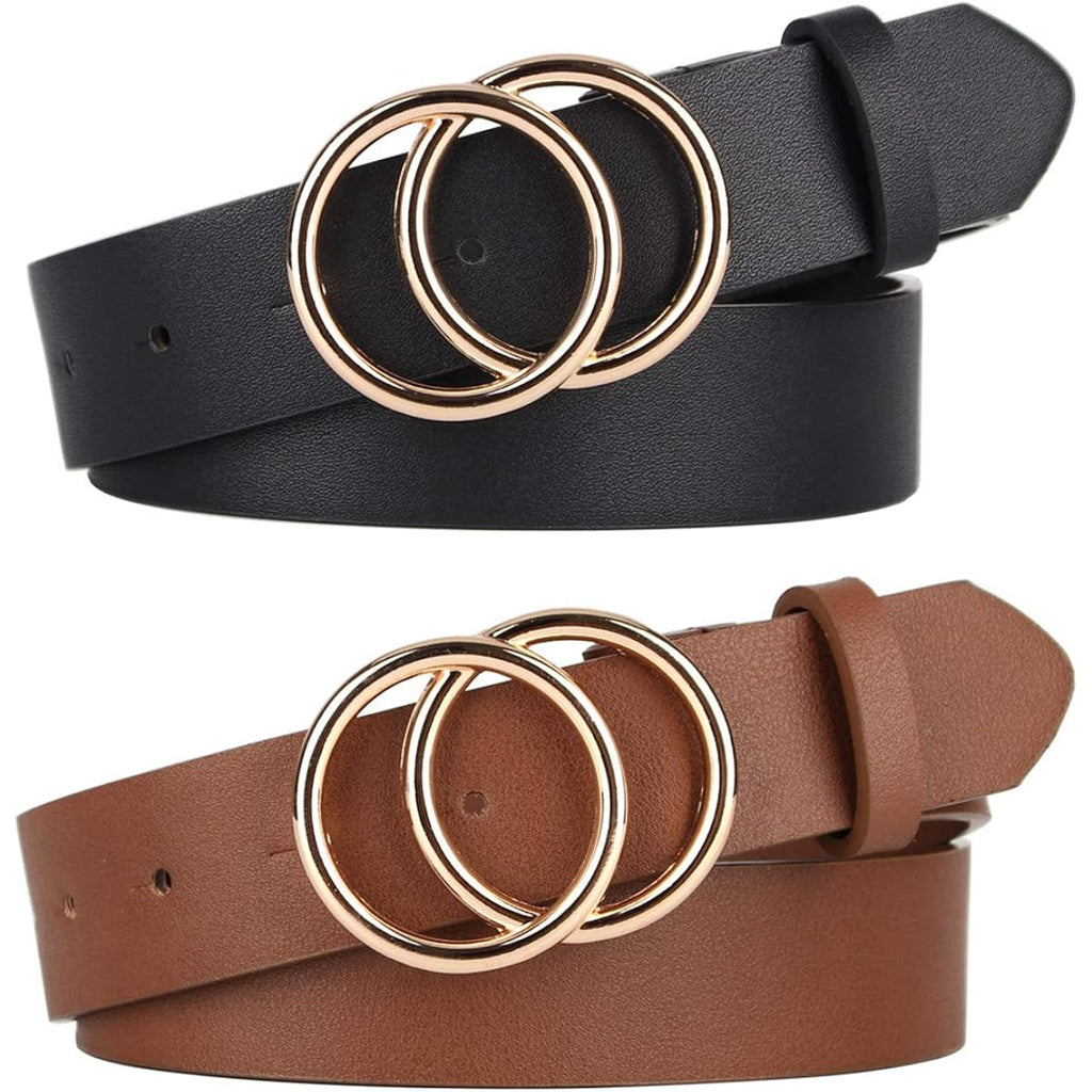 UnFader Pack 2 Women Belts for Jeans with Fashion Double O-Ring Buckle and Faux Leather