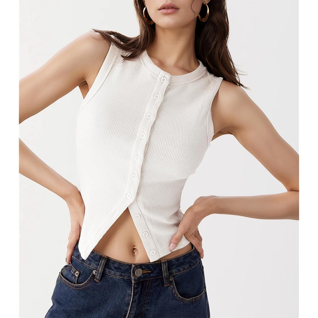 Women’s Button Down Tank Tops Ribbed Summer Vest Button Up Open Front Sleeveless Slim Fit Crop Going Out Tops