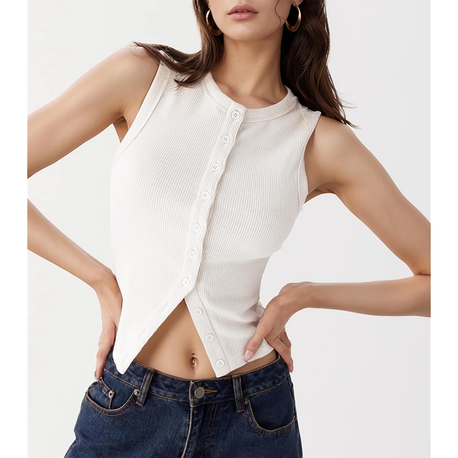 Women’s Button Down Tank Tops Ribbed Summer Vest Button Up Open Front Sleeveless Slim Fit Crop Going Out Tops