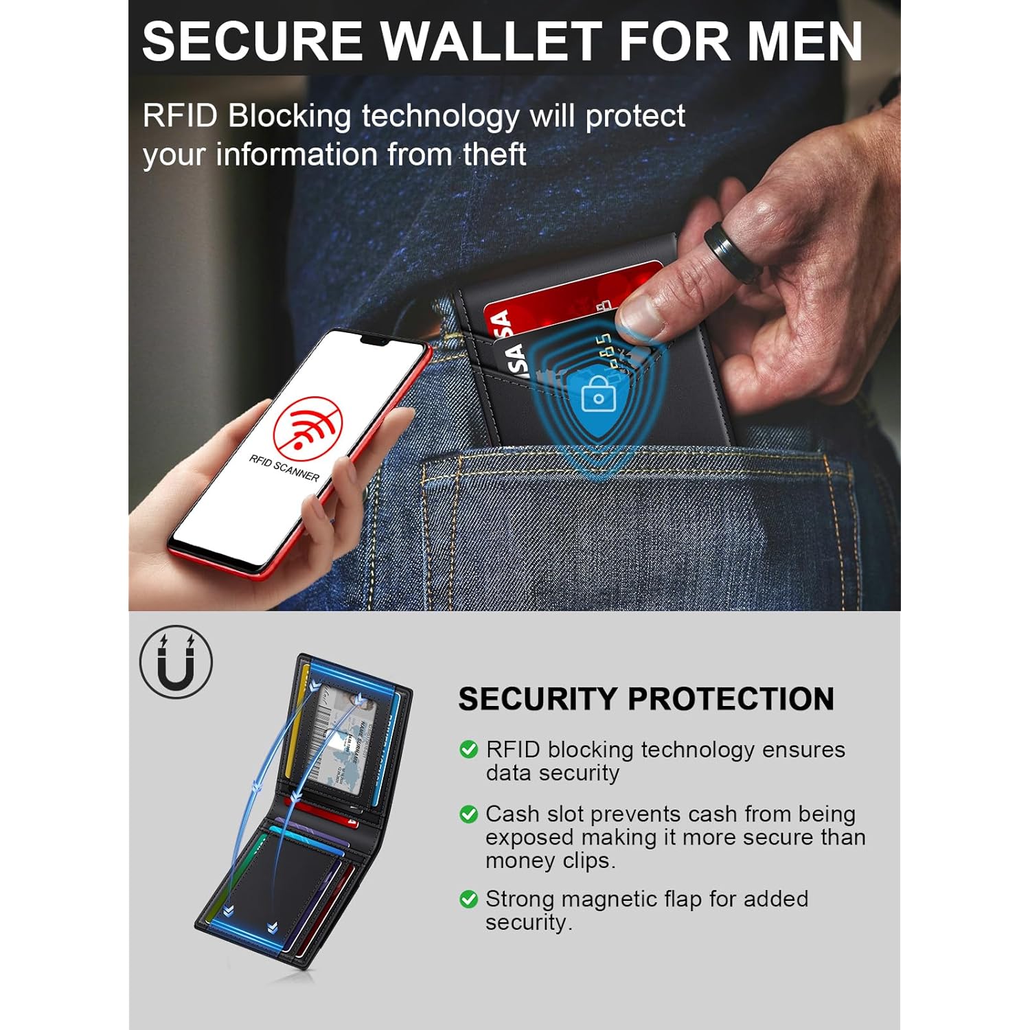 Wallet for Men Slim Leather Wallets for 13-17 Cards, RFID Blocking Thin Card Holder Wallet with ID Window & Large Capacity Cash Slot, Minimalist Bifold Small Wallet for Front Pocket, Gift for Men