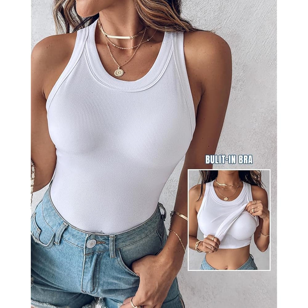 CHICME Women Built-in Bra Tank Tops Sleeveless Casual Shirts Racerback Ribbed Fitted Tank Tops