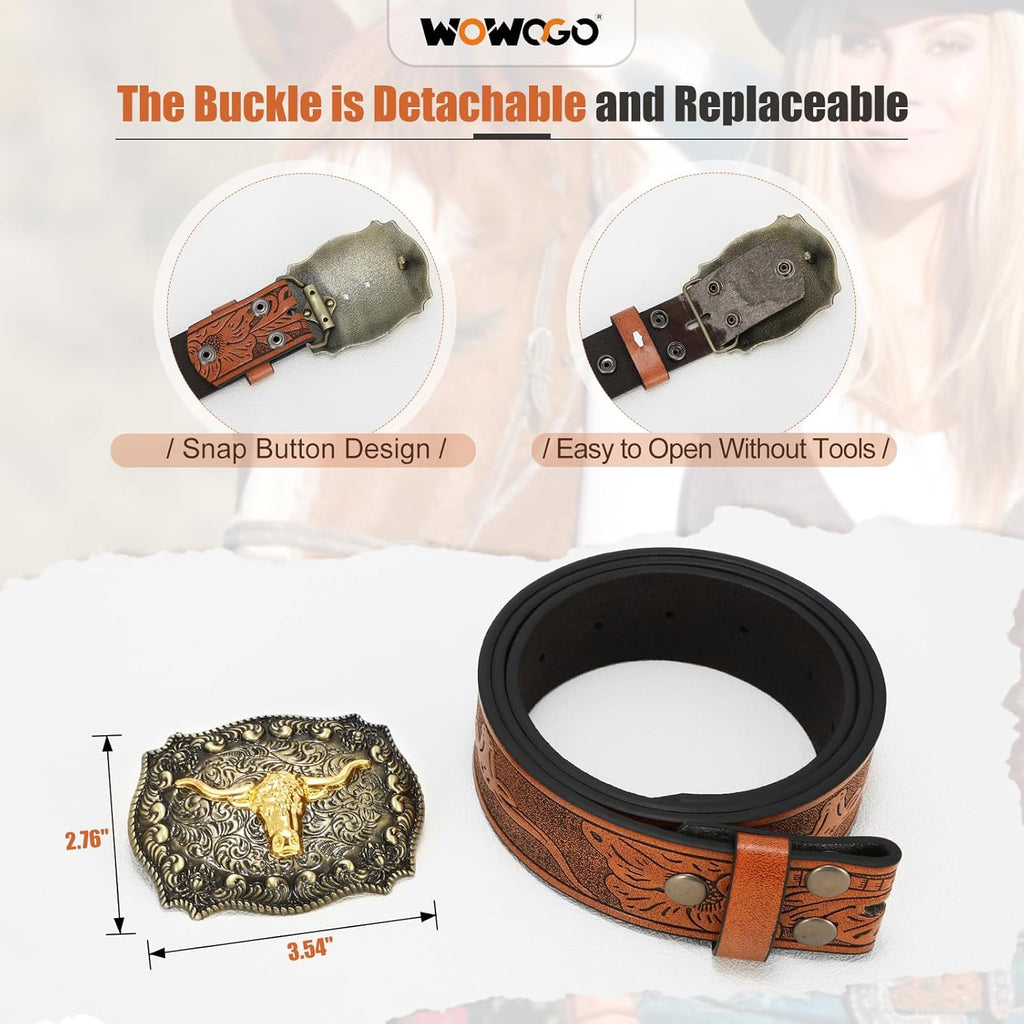 Women Men Western Belts Cowboy Cowgirl Country Belt Longhorn Bull Buckle Floral Embossed Belt for Jeans Dresses