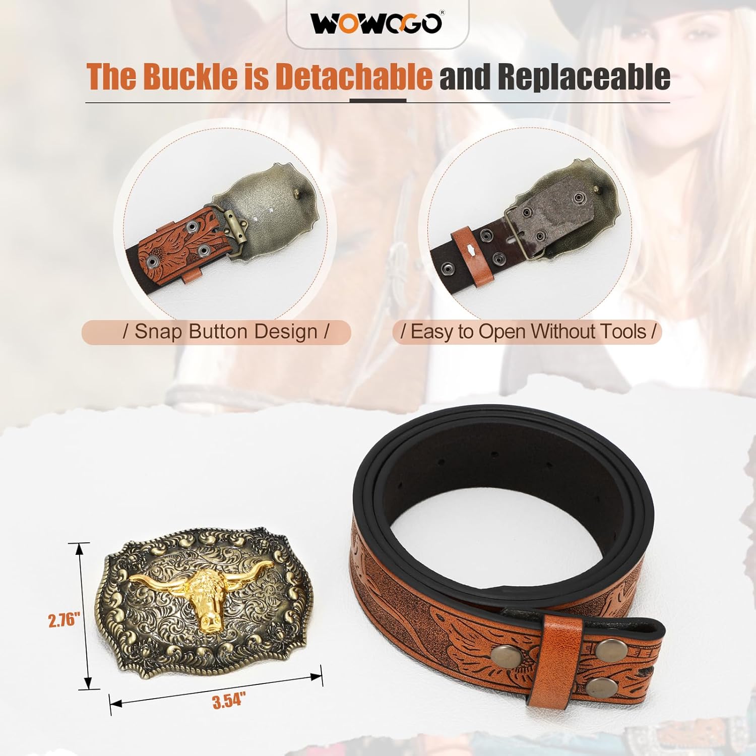 Women Men Western Belts Cowboy Cowgirl Country Belt Longhorn Bull Buckle Floral Embossed Belt for Jeans Dresses