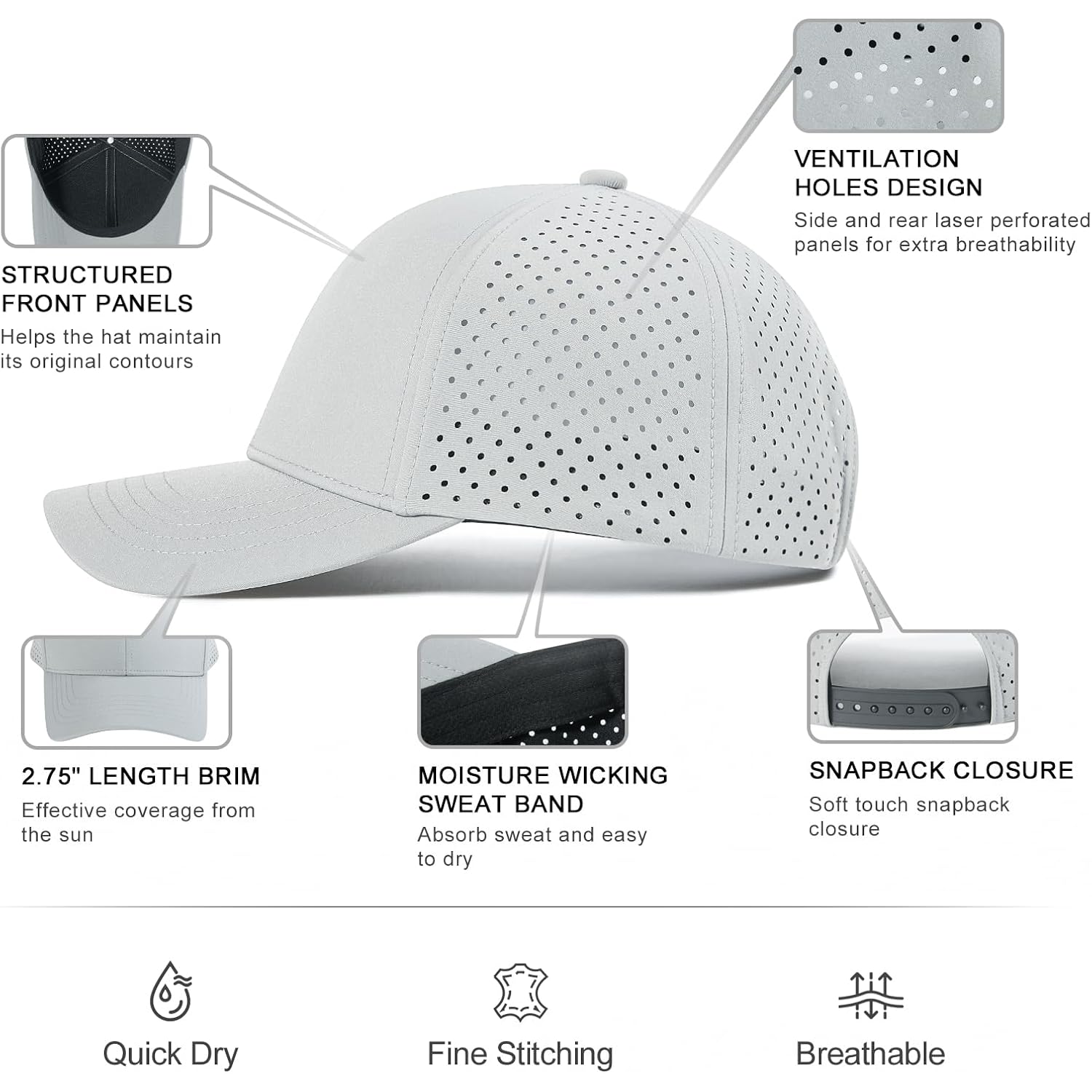 VOBOOM Men Quick Dry Baseball Cap Laser Cut Mesh Ball Curved Brim Snapback Hat