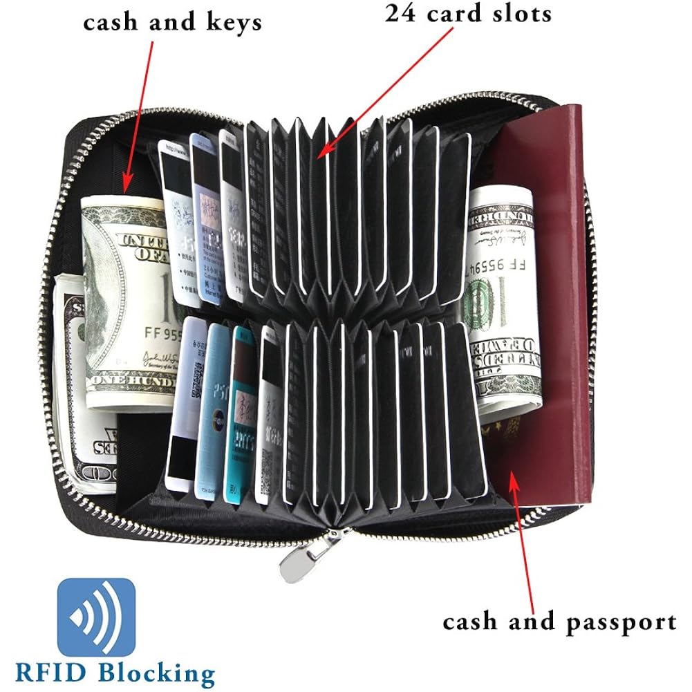 boshiho RFID Blocking 24 Slot Credit Card Holder Wallet Real Leather Multi Card Organizer Wallet with Zipper