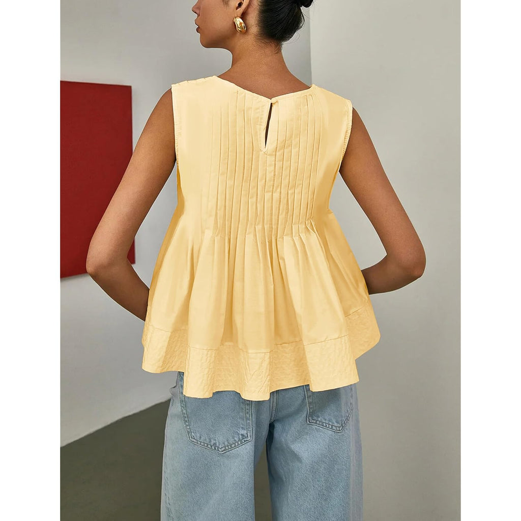 Womens Summer Pleated Peplum Sleeveless Blouse Tank Tops Round Neck Y2K Babydoll Blouse Shirt