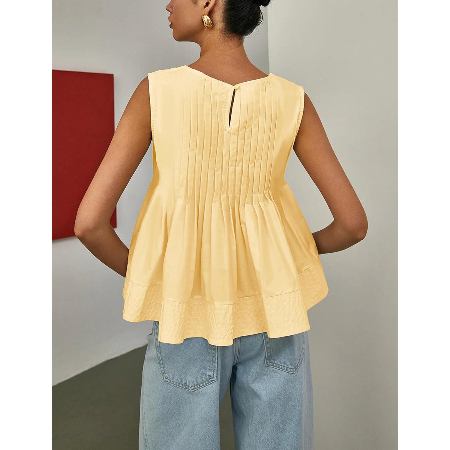 Womens Summer Pleated Peplum Sleeveless Blouse Tank Tops Round Neck Y2K Babydoll Blouse Shirt