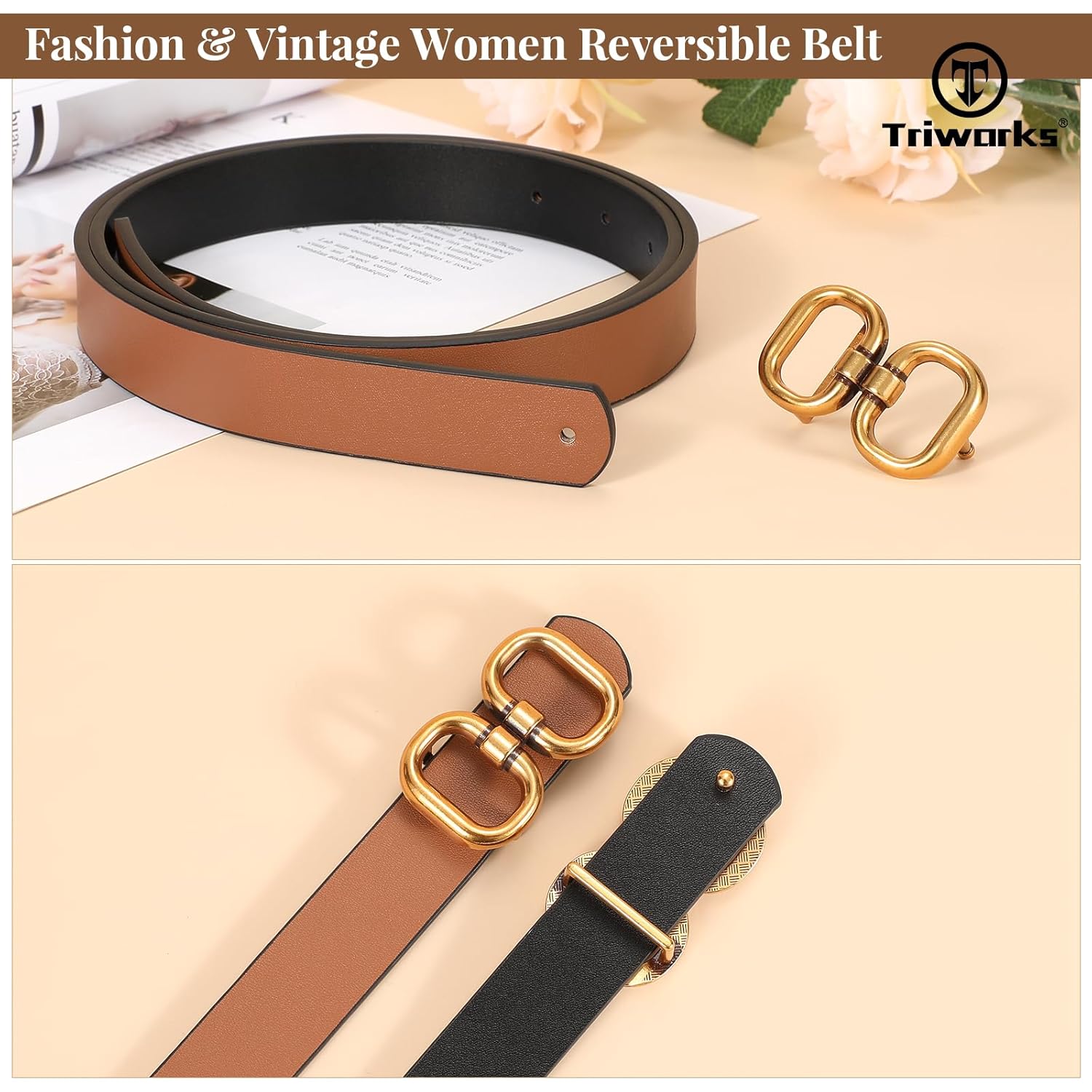 Reversible Leather Belt for Women with Gold Buckle Ladies Leather Belt for Jeans Pants