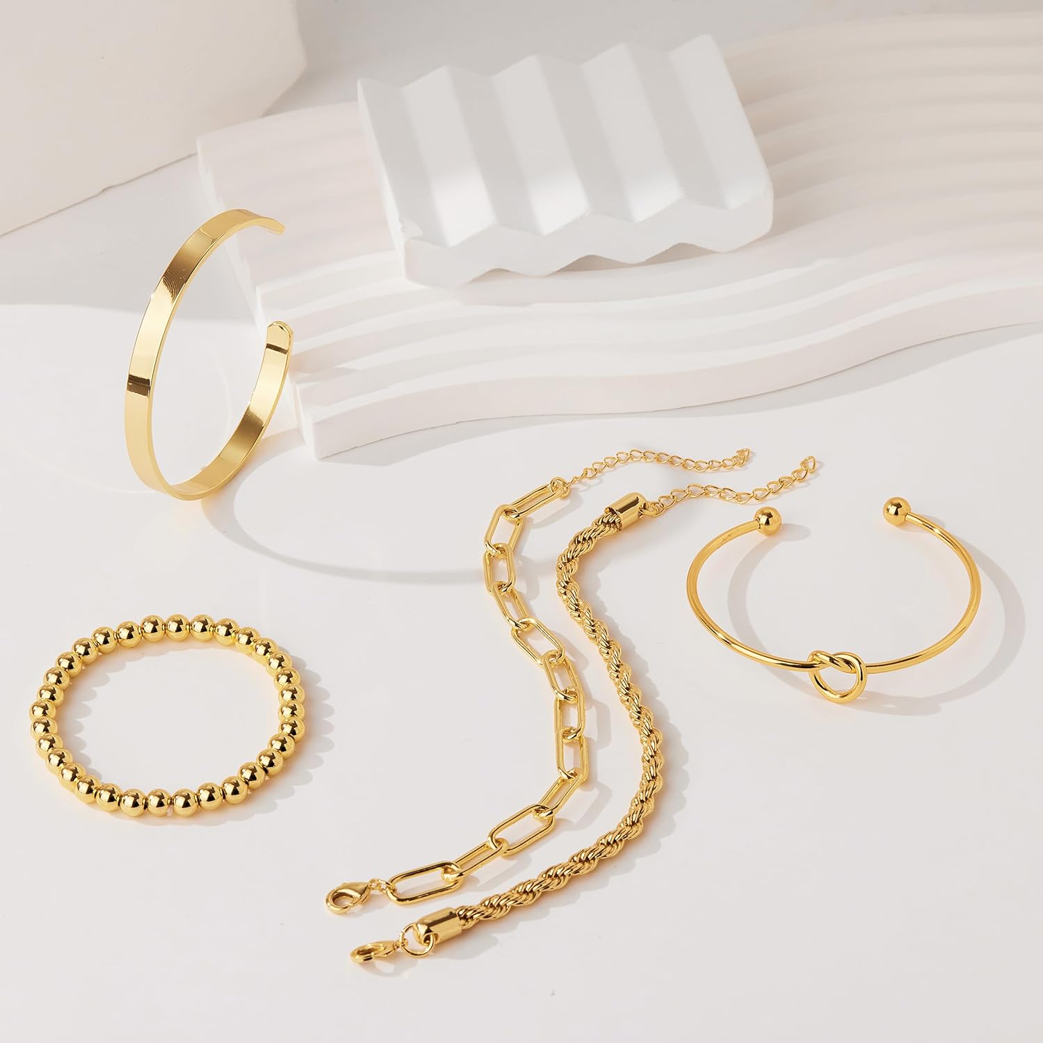 Gold Bracelets for Women Non Tarnish, 14K Gold Plated Chunky Cuff Bracelet Gold Bangles Bracelet for Women Trendy Tie Knot Cuban Rope Paperclip Beaded Bracelet Stack Jewelry Gifts