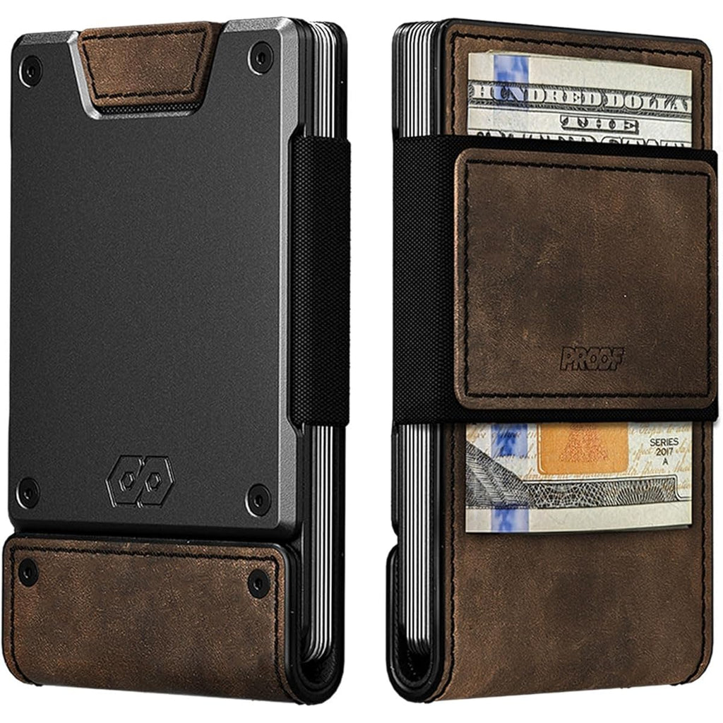 PROOF Wallet | Slim Minimalist Wallets for Men | Leather & Metal | RFID Wallet | Front/Back Pocket | Gift Box | Veteran Owned