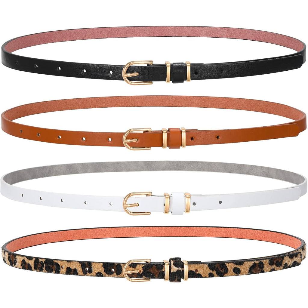 SANSTHS 4 Pack Women Thin Belts for Jeans Dresses Coats Skinny Women Belt with Gold Alloy Buckle