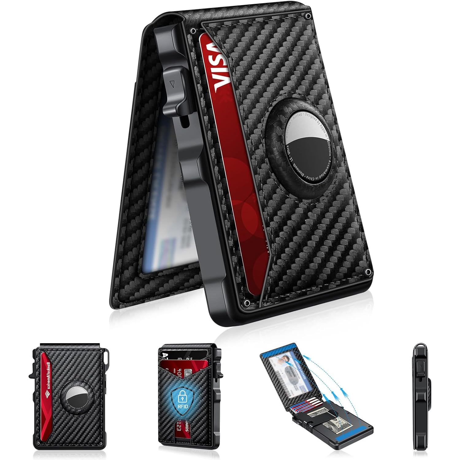 Airtag Wallet for Men, Mens Smart Wallet for Air Tag RFID Blocking, Minimalist Bifold Pop Up Aluminum Credit Card Case Holder 12+ Cards with ID Window, Gift for Men, No Airtag Included, Carbon Fiber