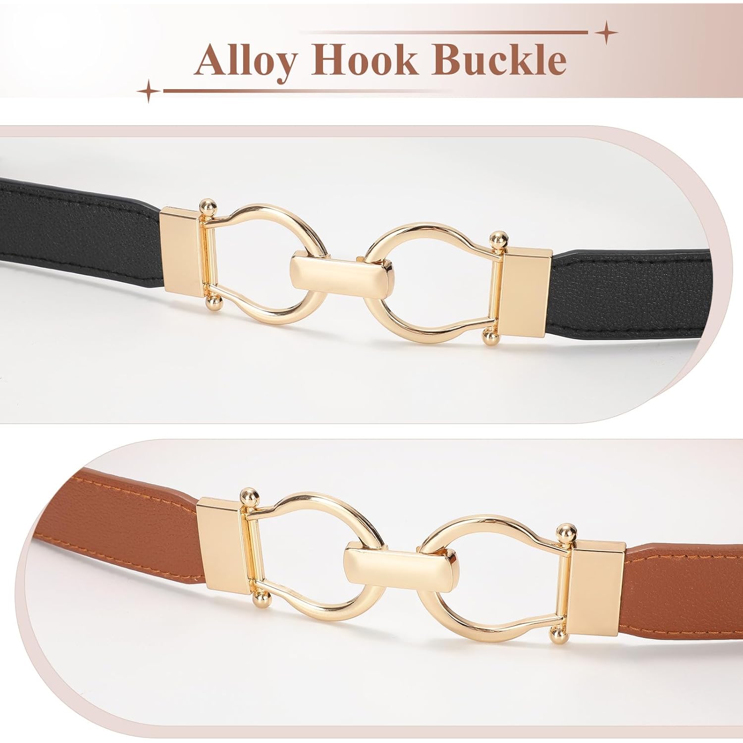 WHIPPY 2 Pack Skinny Elastic Belts for Women Thin Stretchy Waist Belt for Dresses with Gold Buckle