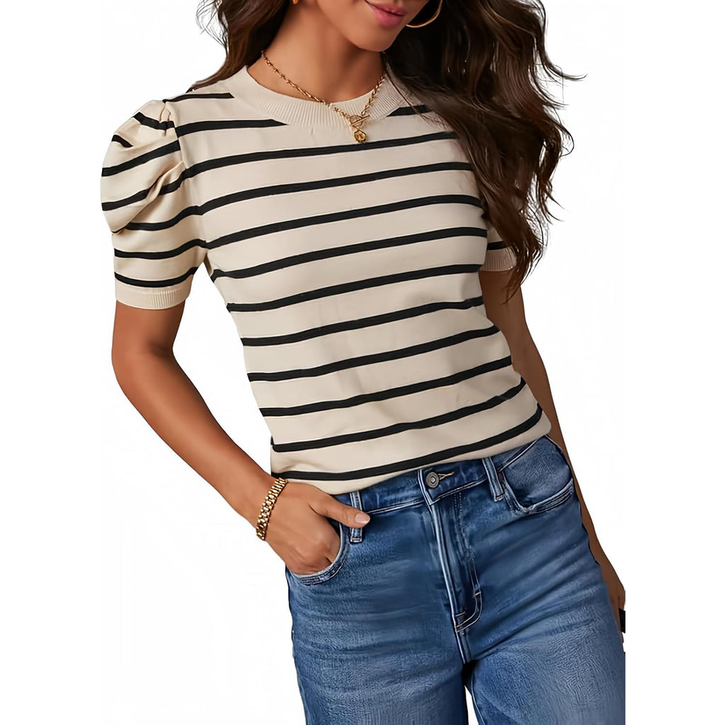Dokotoo Women's Short Puff Sleeve Knit Tops 2025 Trendy Crewneck Striped T Shirts Casual Summer Blouses