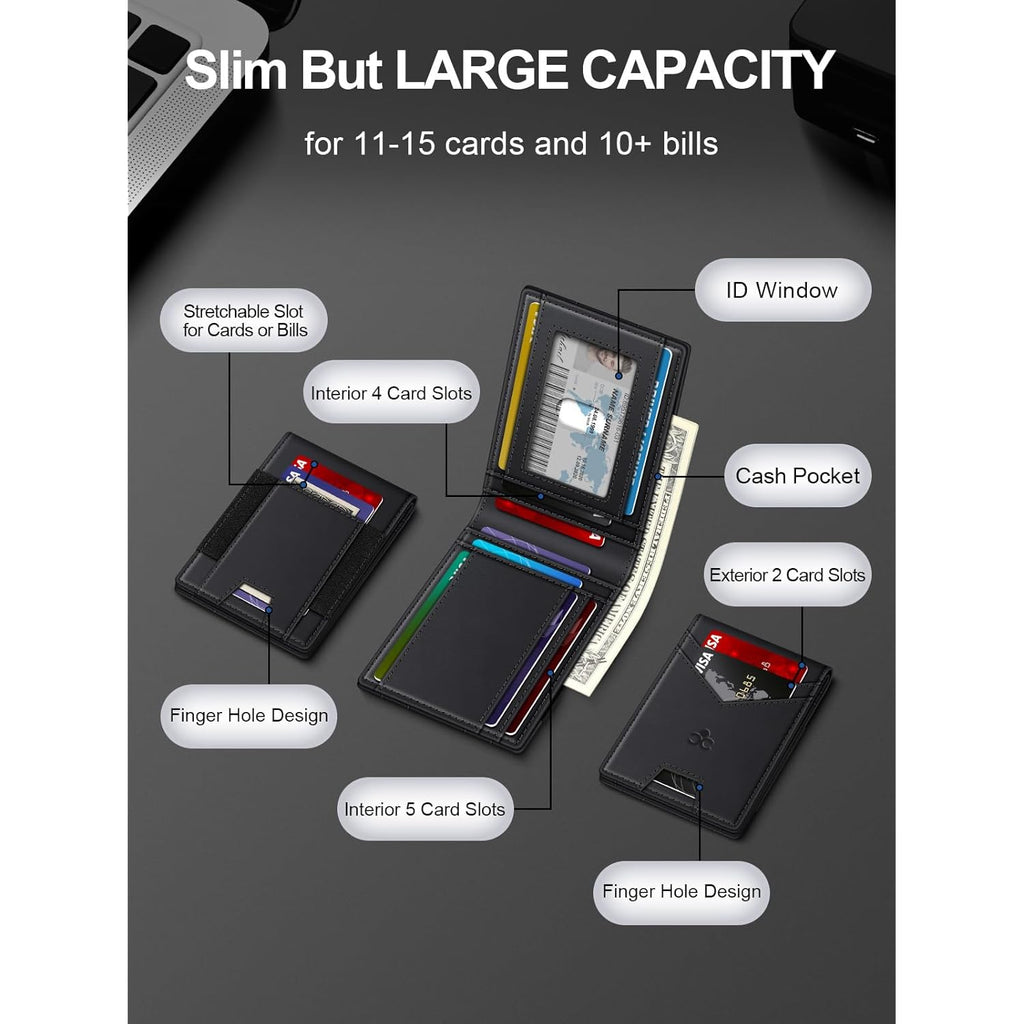 Wallet for Men Slim Leather Wallets for 13-17 Cards, RFID Blocking Thin Card Holder Wallet with ID Window & Large Capacity Cash Slot, Minimalist Bifold Small Wallet for Front Pocket, Gift for Men