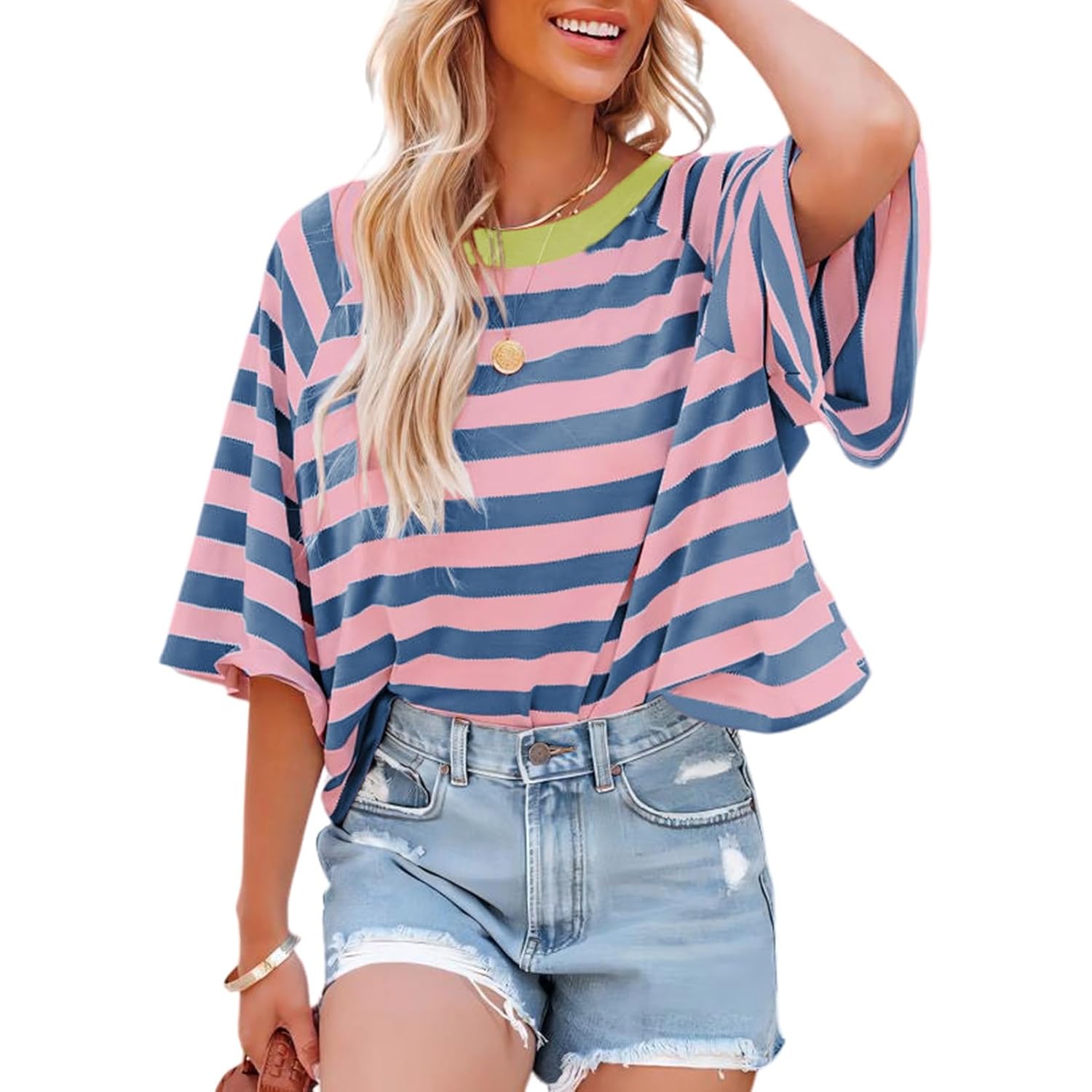 Dokotoo Tops for Women Striped 2025 Fashion T Shirts for Women Color Block Crewneck Design Loose Basic Tee