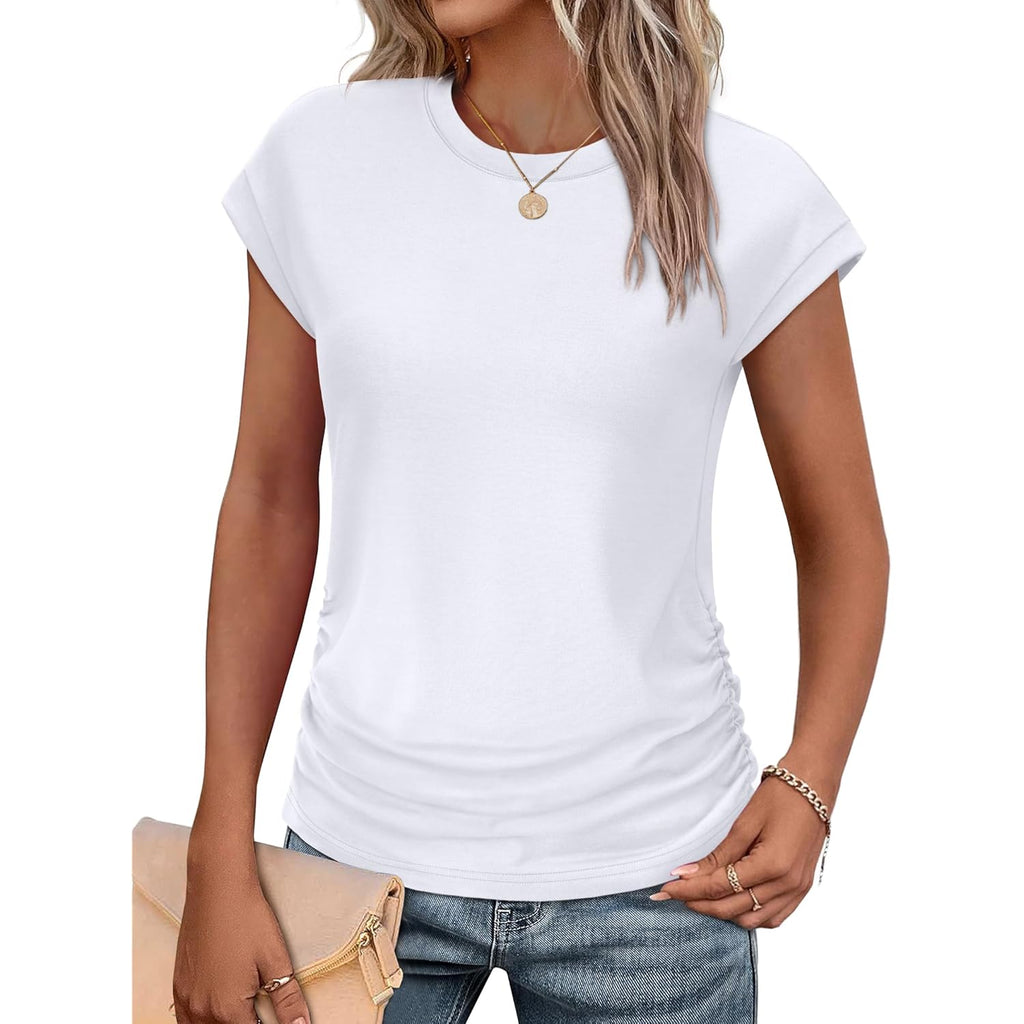 SAMPEEL Womens Summer Tops Trendy 2025 Ruched Cap Short Sleeve Tshirts Shirts Crew Neck T Shirts Fashion