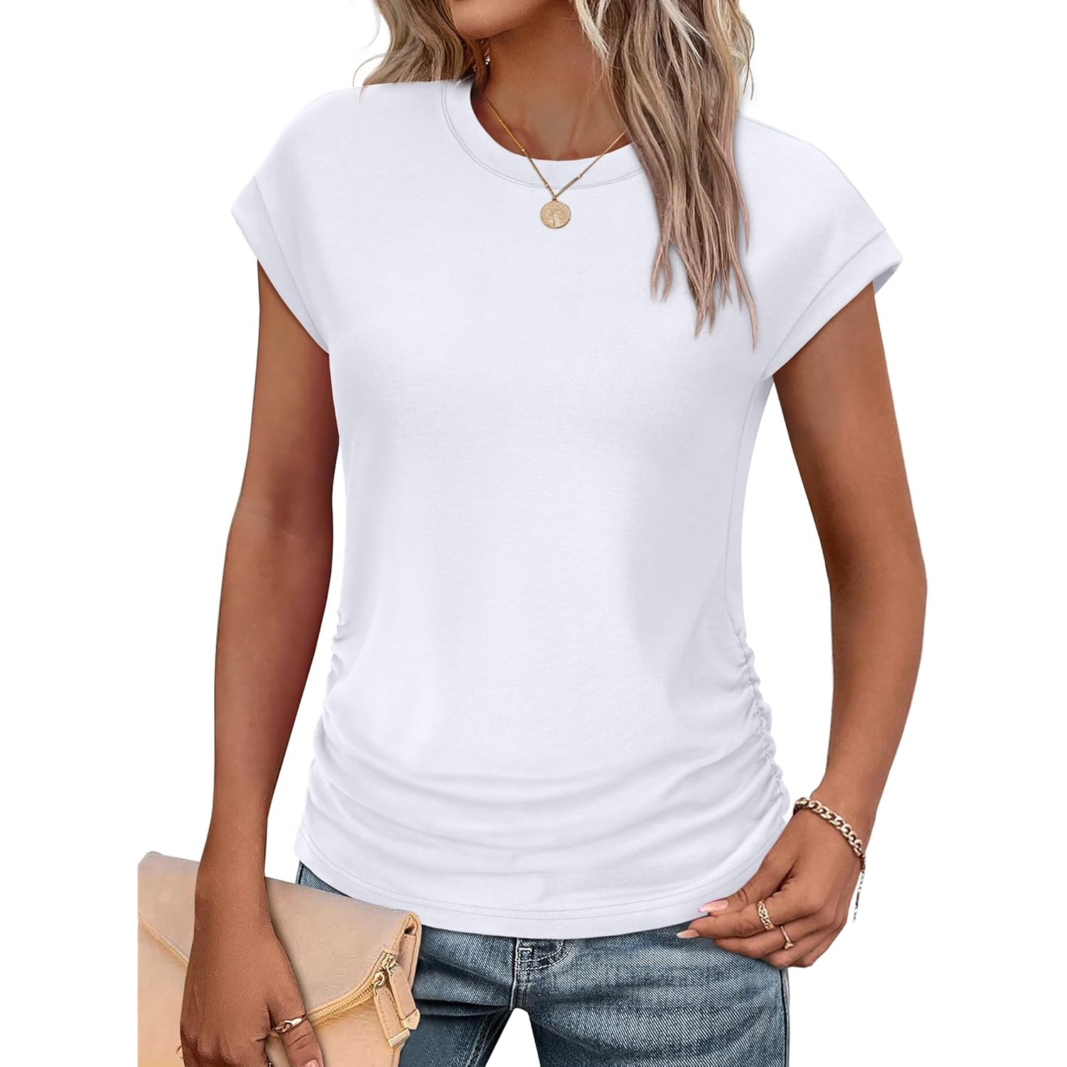 SAMPEEL Womens Summer Tops Trendy 2025 Ruched Cap Short Sleeve Tshirts Shirts Crew Neck T Shirts Fashion