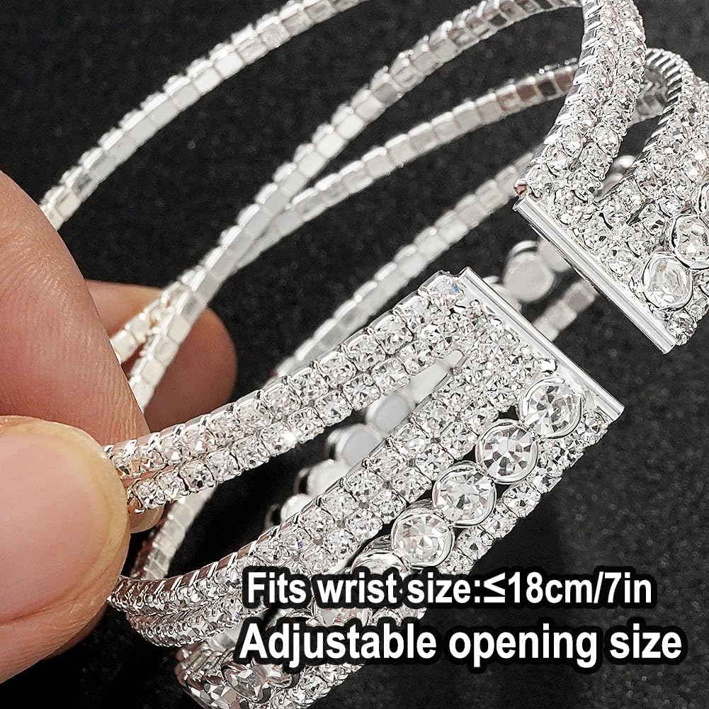 Suyi Rhinestone Bracelet for Women Silver Multilayer Cuff Bracelet Craystal Braidal Bracelets