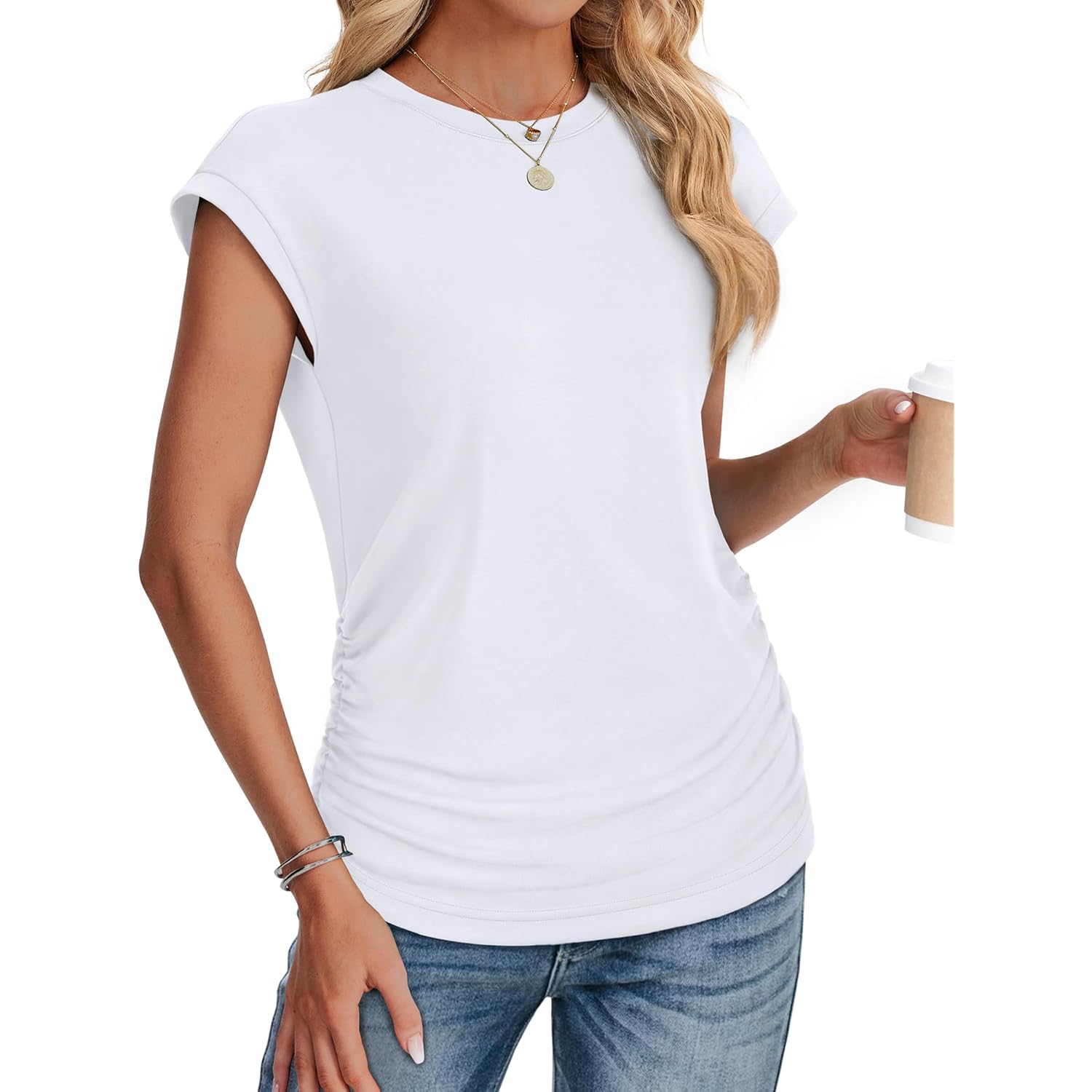 SAMPEEL Womens Summer Tops Trendy 2025 Ruched Cap Short Sleeve Tshirts Shirts Crew Neck T Shirts Fashion