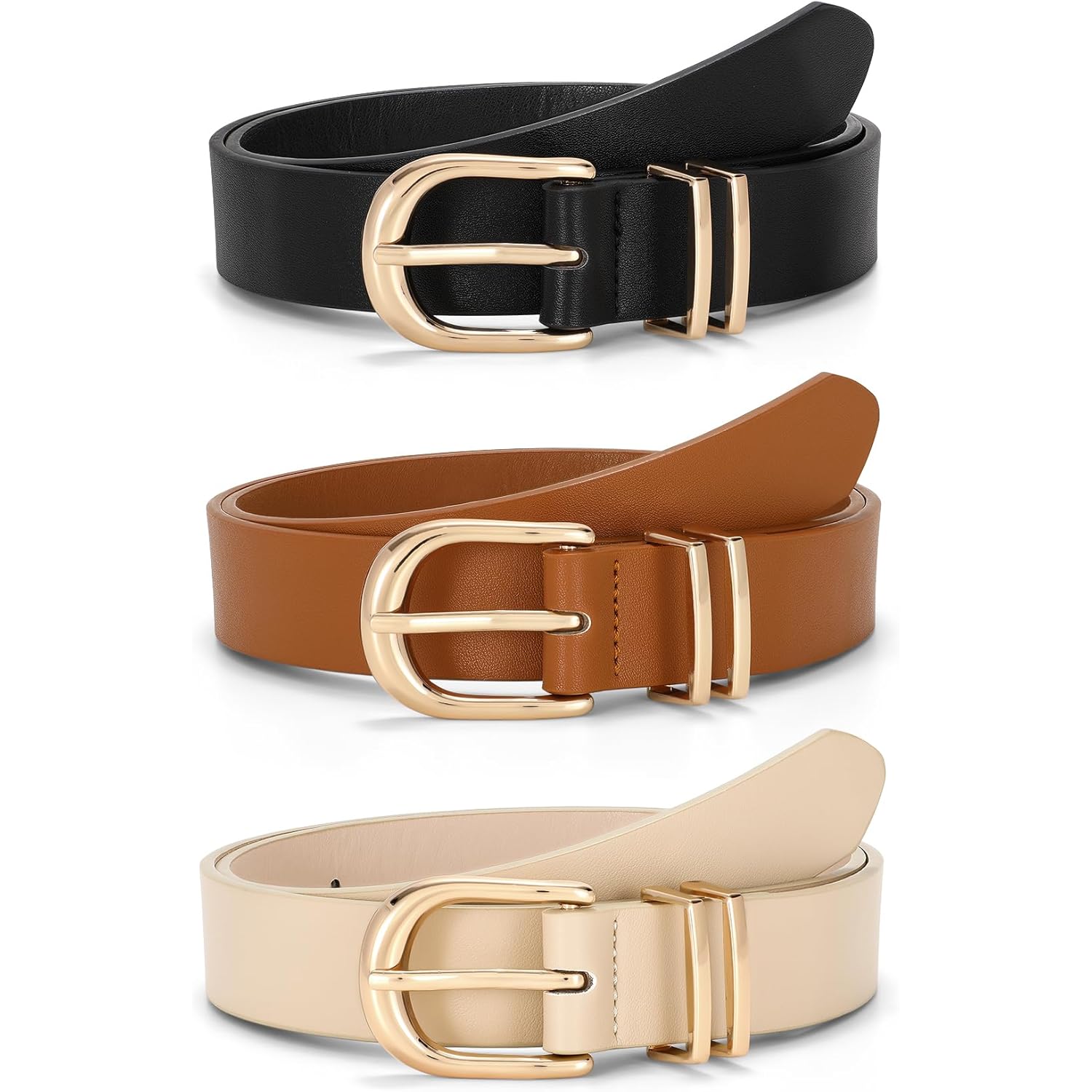 JASGOOD 3 Pack Women Leather Belts For Jeans Dresses Pants Ladies Faux Leather Waist Belt with Gold Buckle