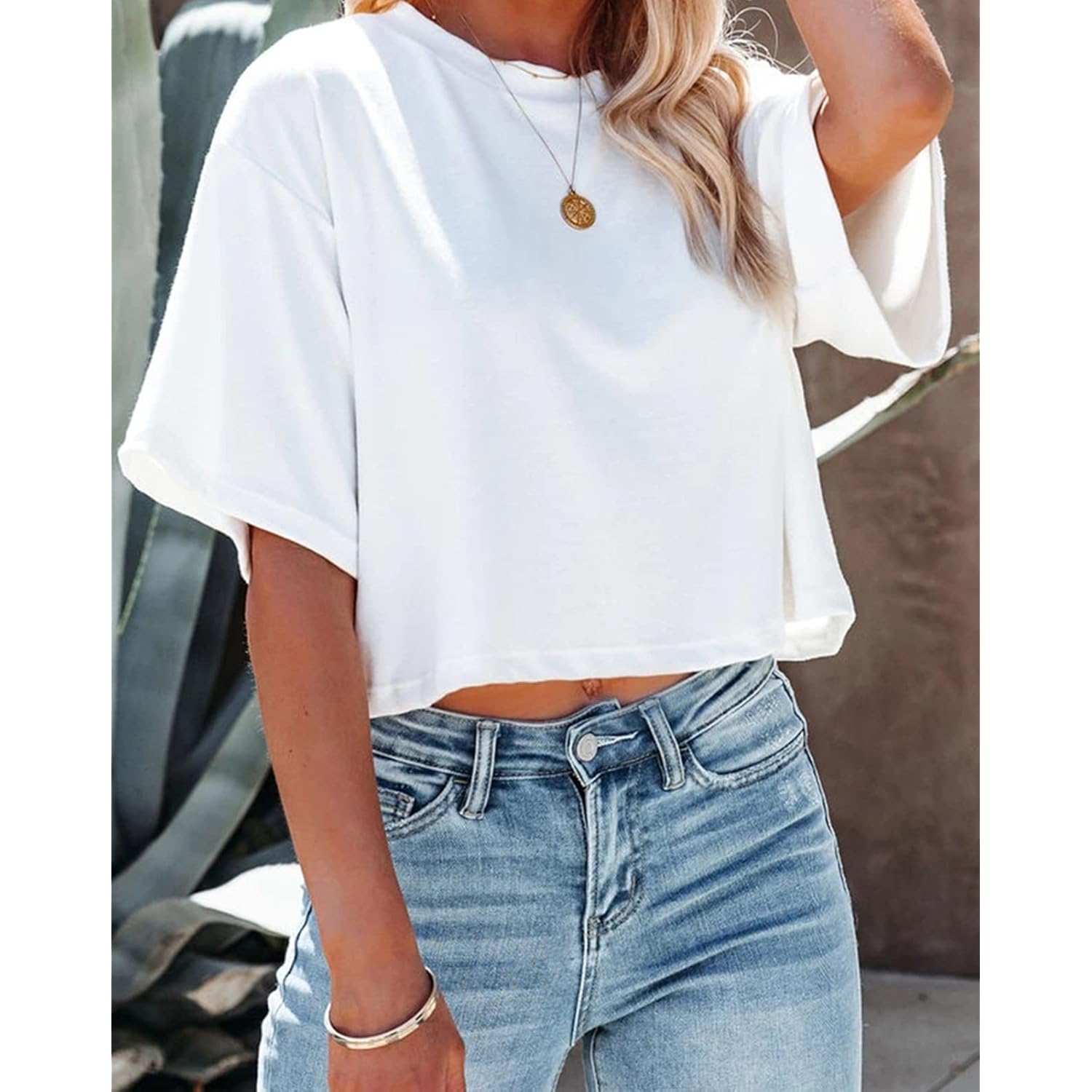 Tankaneo Women Half Sleeve Cropped T-Shirts Drop Shoulder Round Neck Crop Tops Casual Summer Solid Color Basic Tees