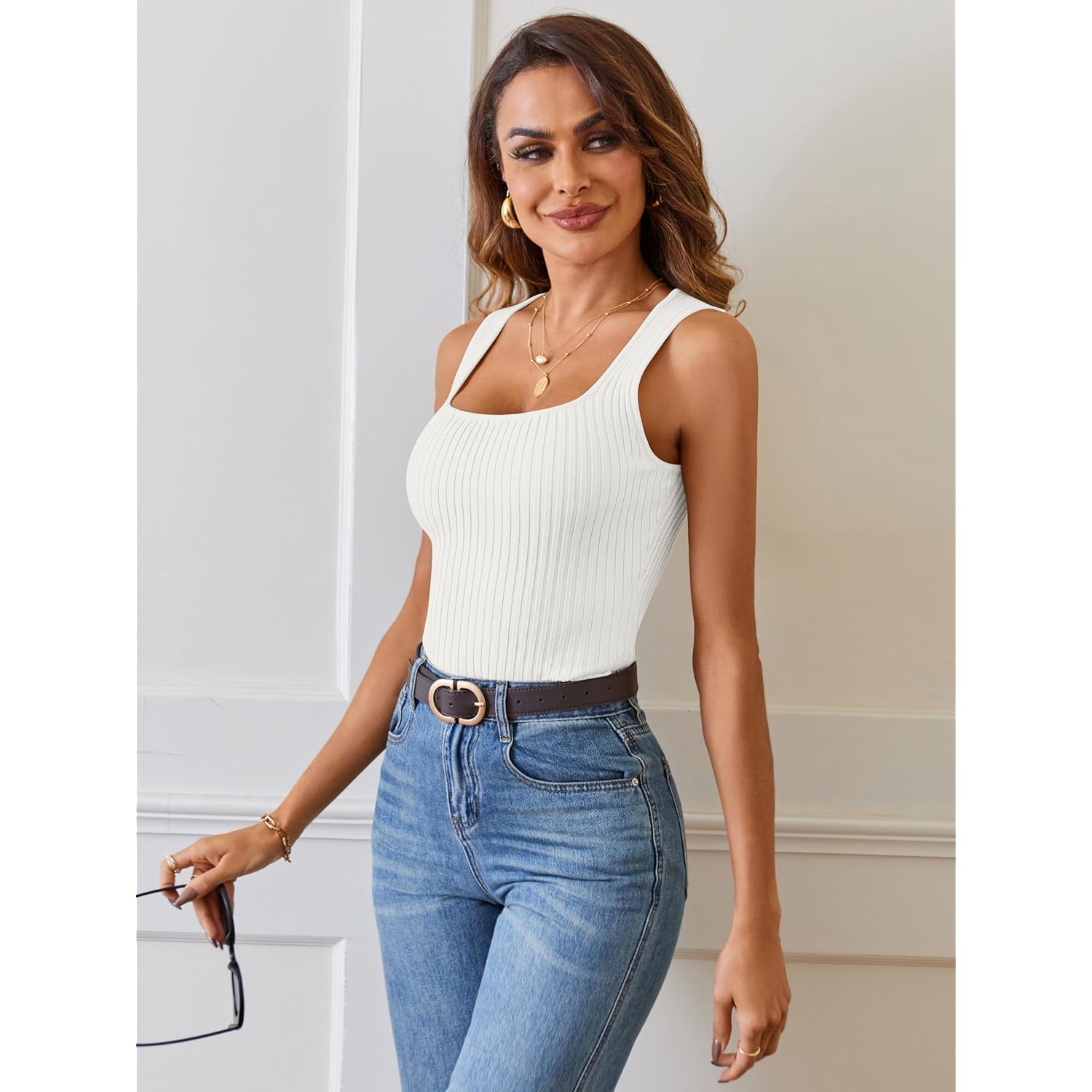MEROKEETY Women's Ribbed Knit Tank Tops 2025 Square Neck Sleeveless Summer Basic Shirts Sweater Vest