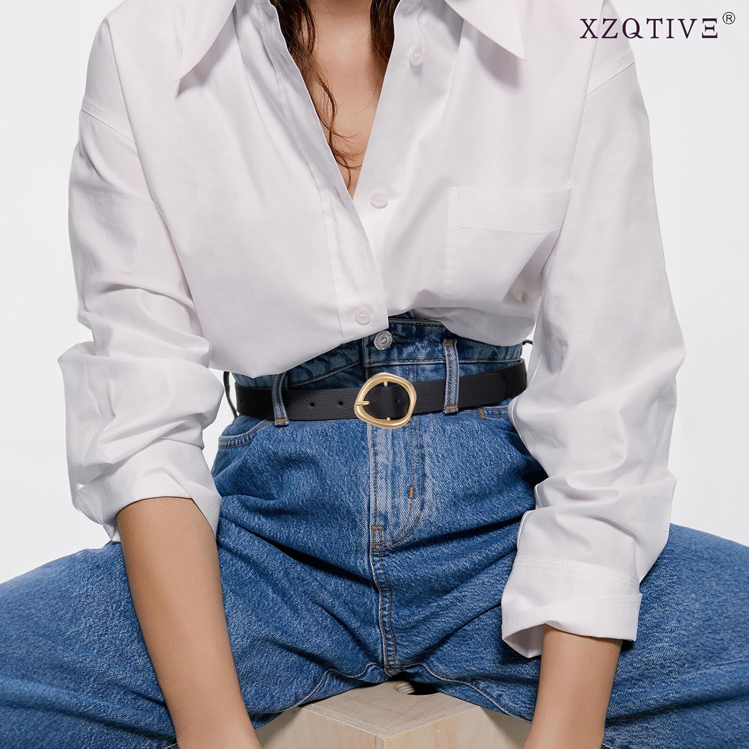 XZQTIVE Women's Faux Leather Belts with Gold Buckle, Fashion Casual Belt for Jeans Pants Dresses