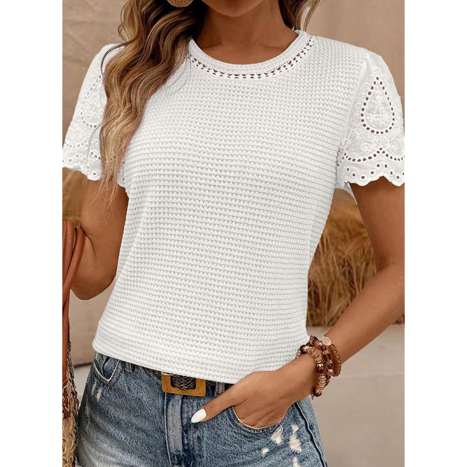 SHEWIN Womens Frenchy Summer Tops Crewneck Short Sleeve T Shirts Casual Waffle Knit Jacquard Blouses Top Shirts