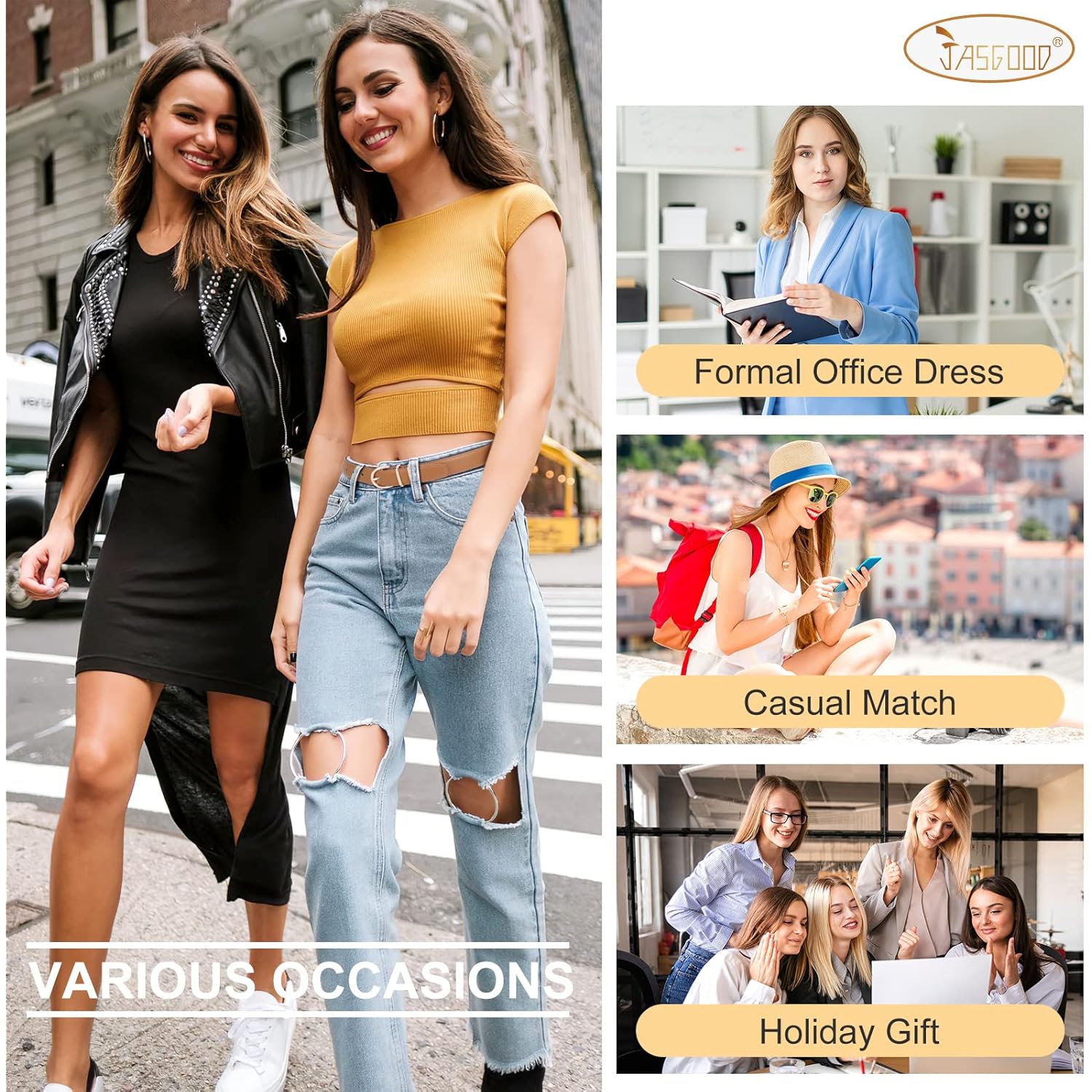 JASGOOD 2 Pack Women Leather Belt for Jeans Ladies Belts for Dresses Pants Plus Size Work Belt with Gold Buckle