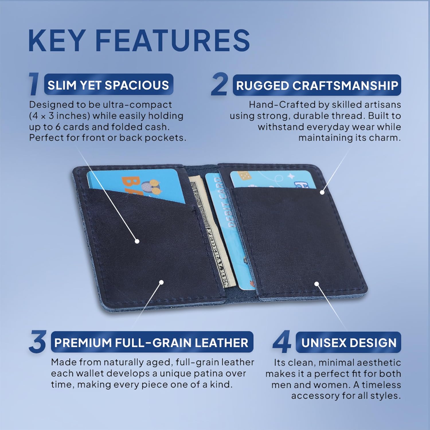Blue Leather Card Holder for Men & Women - Credit Card Wallet Holds Up to 4 Cards, Compact Money Organizer, Bi-Fold Wallet for Front Pockets, Slim Credit Card Case Holder for Travel