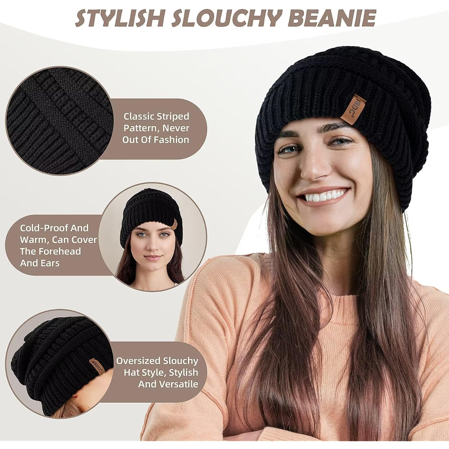 3 Pack Satin Lined Beanie for Women, Warm Slouchy Winter Hats with Silk Lined, Fashionable Oversized Cable Knit Hat Skull Cap