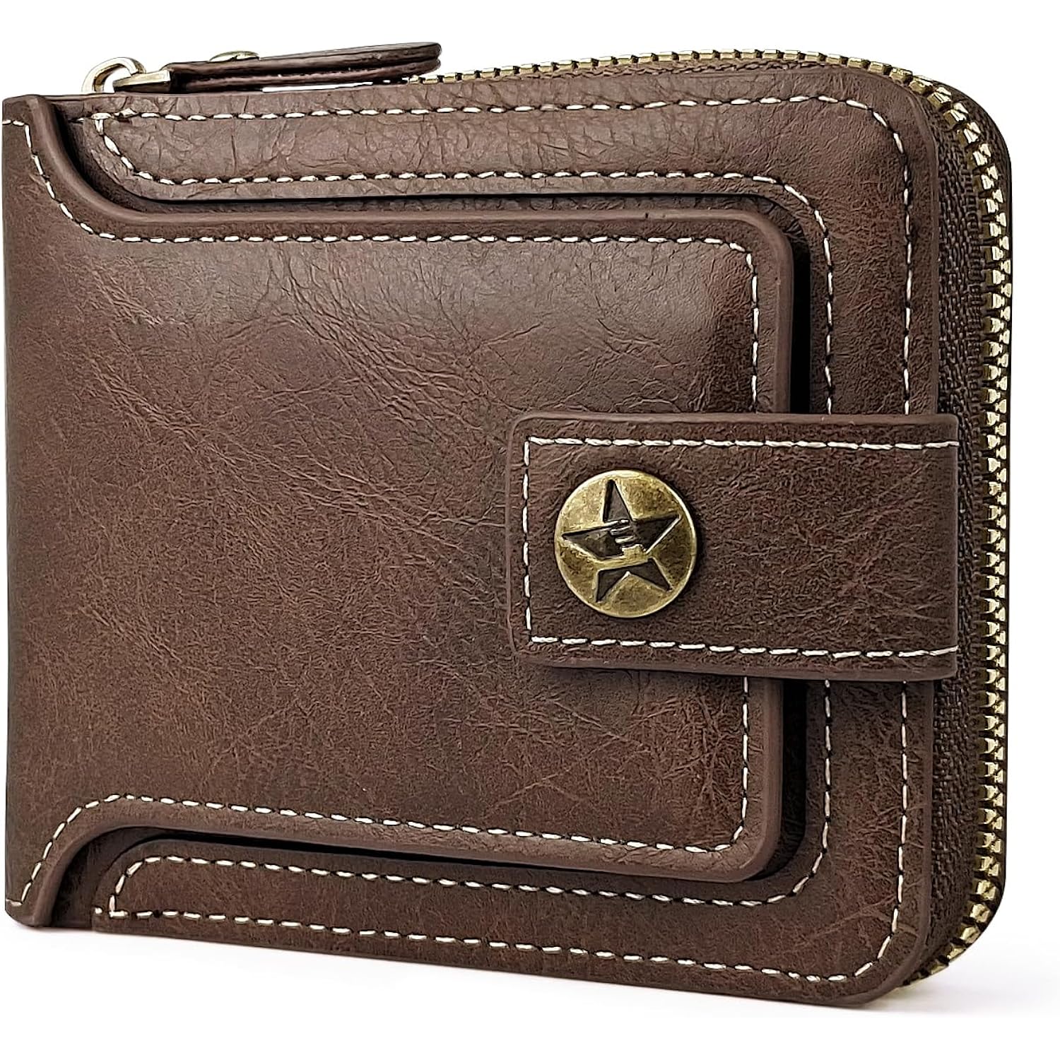 Men Wallet, Vintage PU Leather Multi-Card Zipper Wallet with 10 Card Slots and Zipper Pocket Large Capacity Buckle Credit Card Holder Wallet with Zipper (A, Brown)