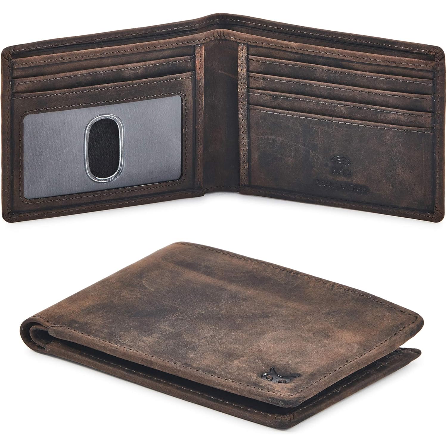 Real Leather Mens Bifold Wallet RFID Blocking Slim Minimalist Front Pocket - Thin & Stylish with ID Window in Gift Box (Crazy Horse, Coffee)