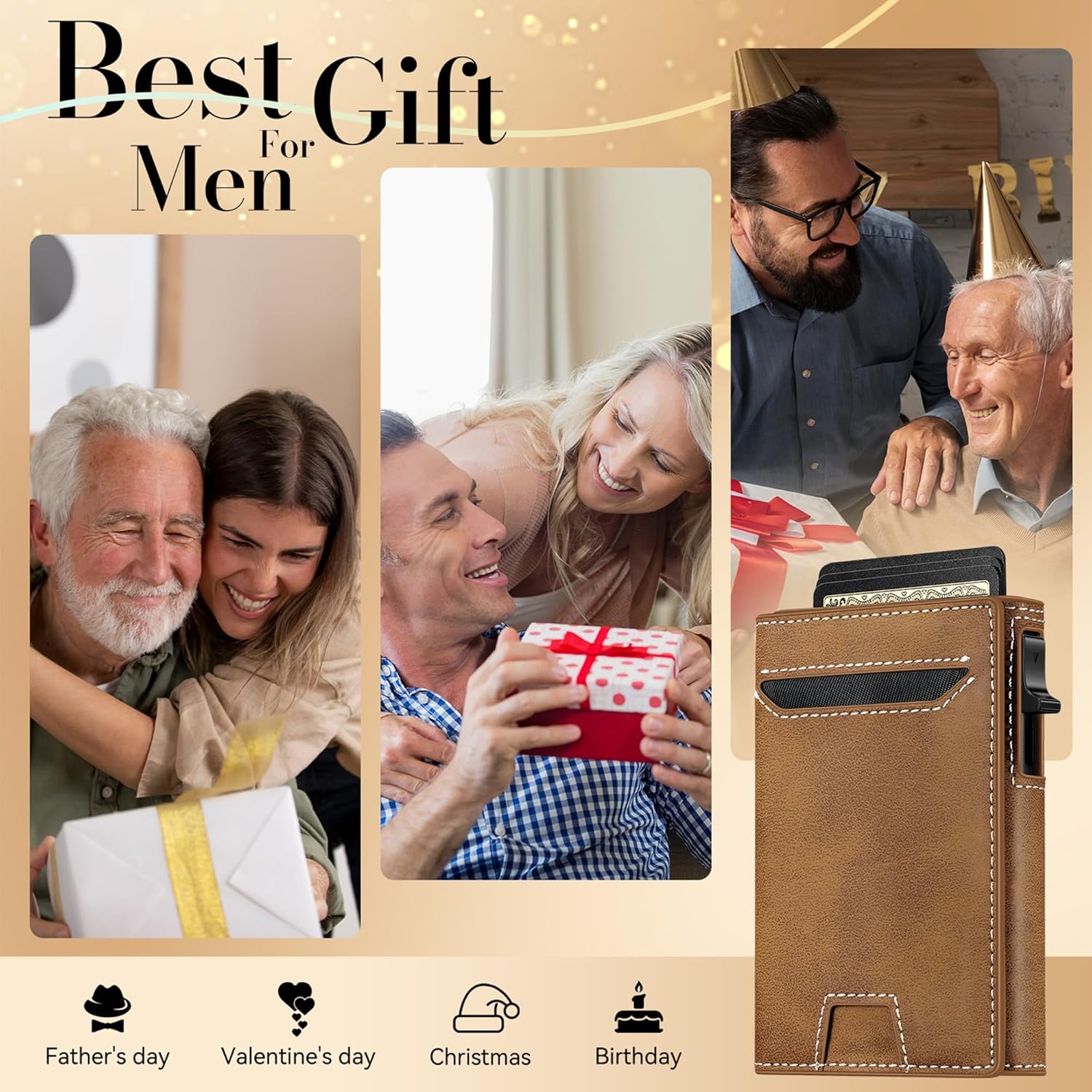 Leather Wallet for Men Slim Minimalist: Smart Pop Up Wallet with Cash Strap - RFID Front Pocket Trifold Credit Card Holder - Gift for Man Husband at Anniversay Brithday